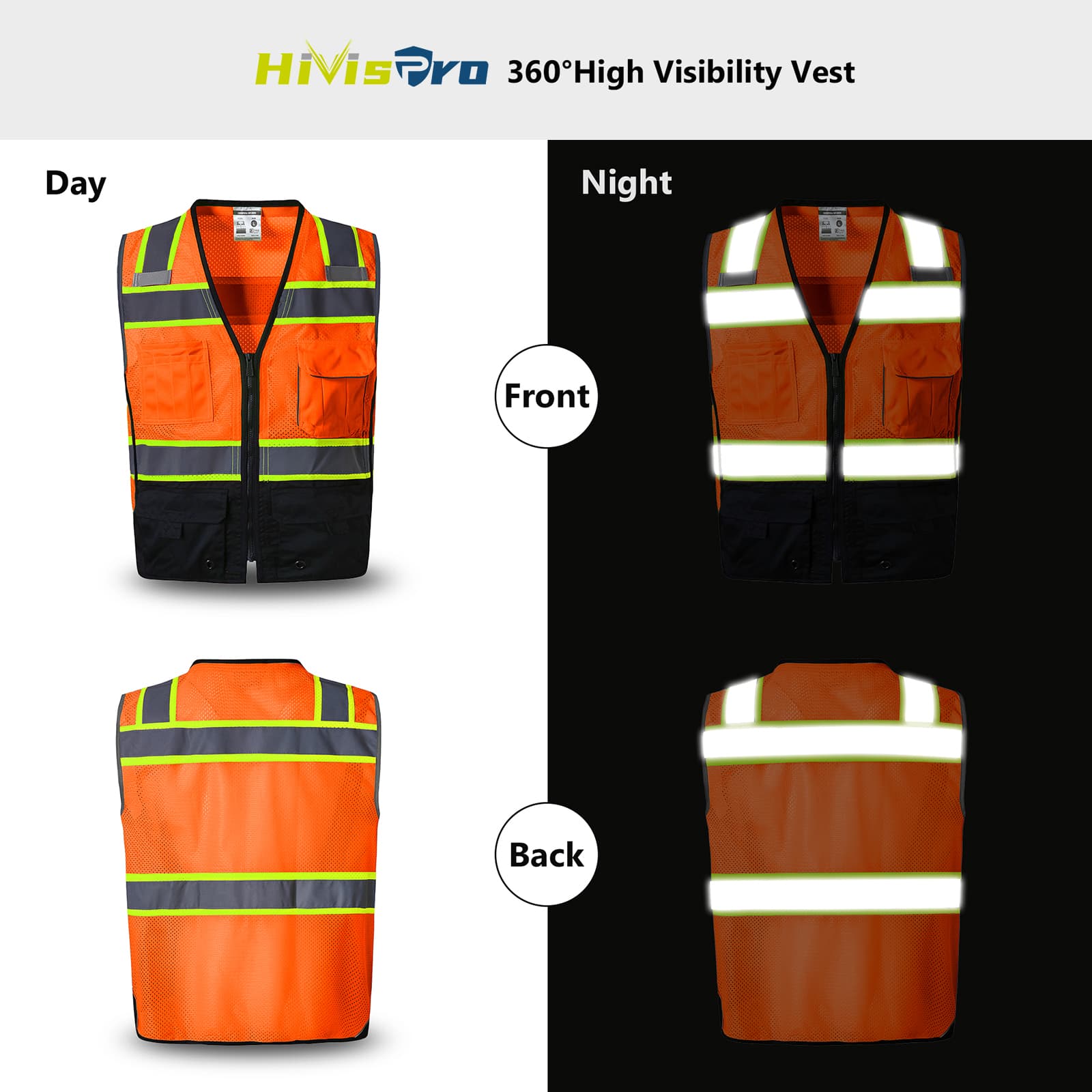 hivispro orange safety vest reflection performance during day and night