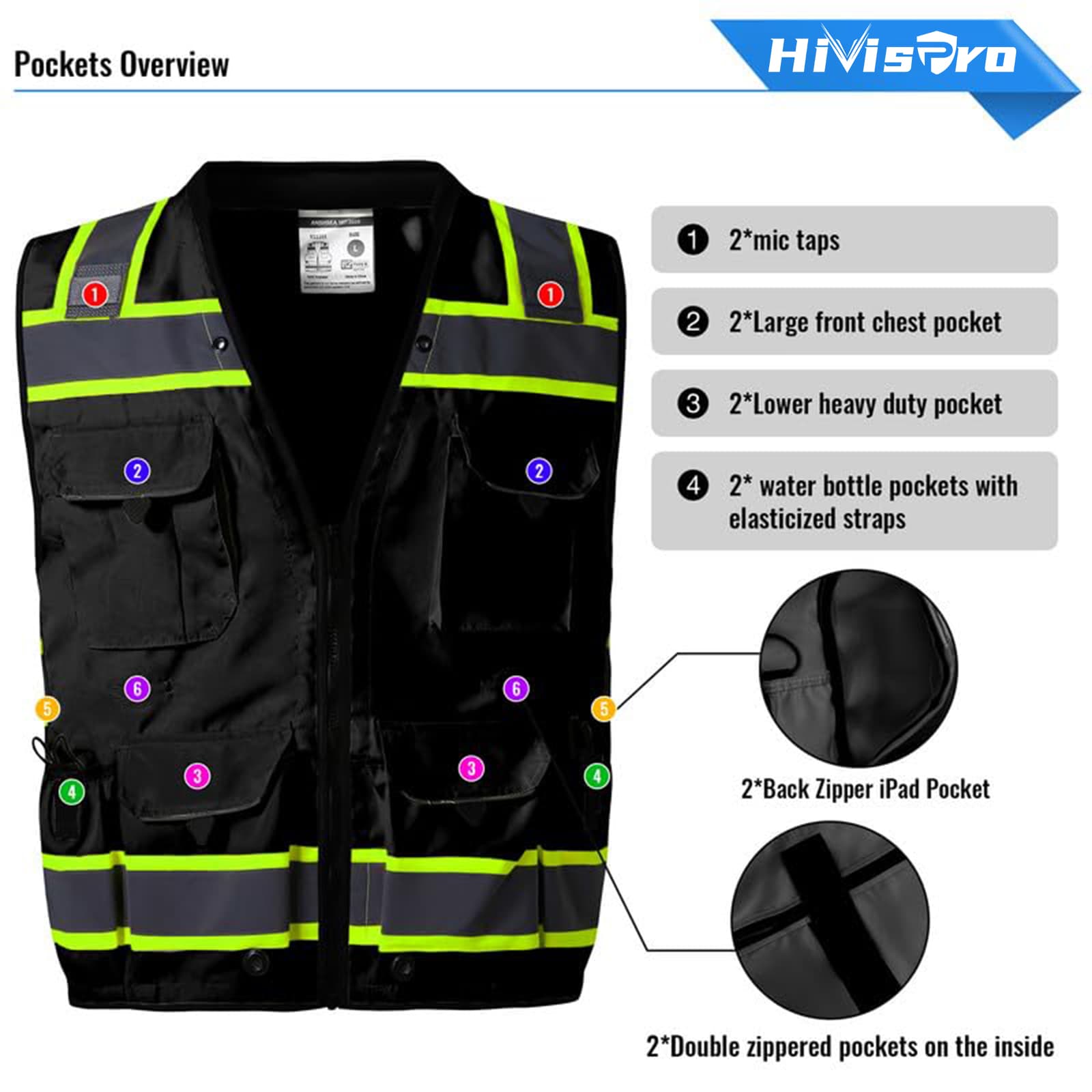 hivispro black safety vest v1053 pockets