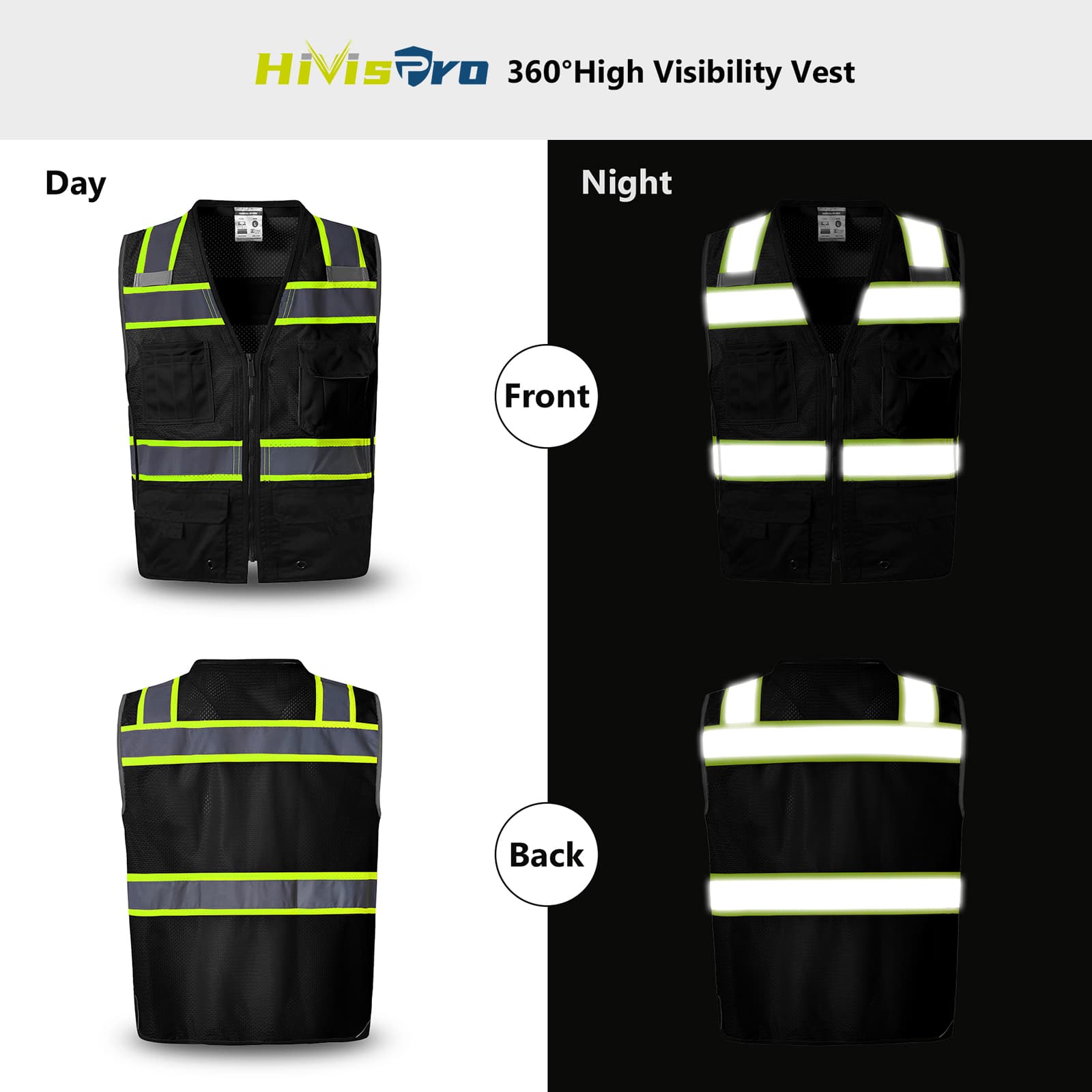 hivispro black safety vest v1053 reflection performance during day and night