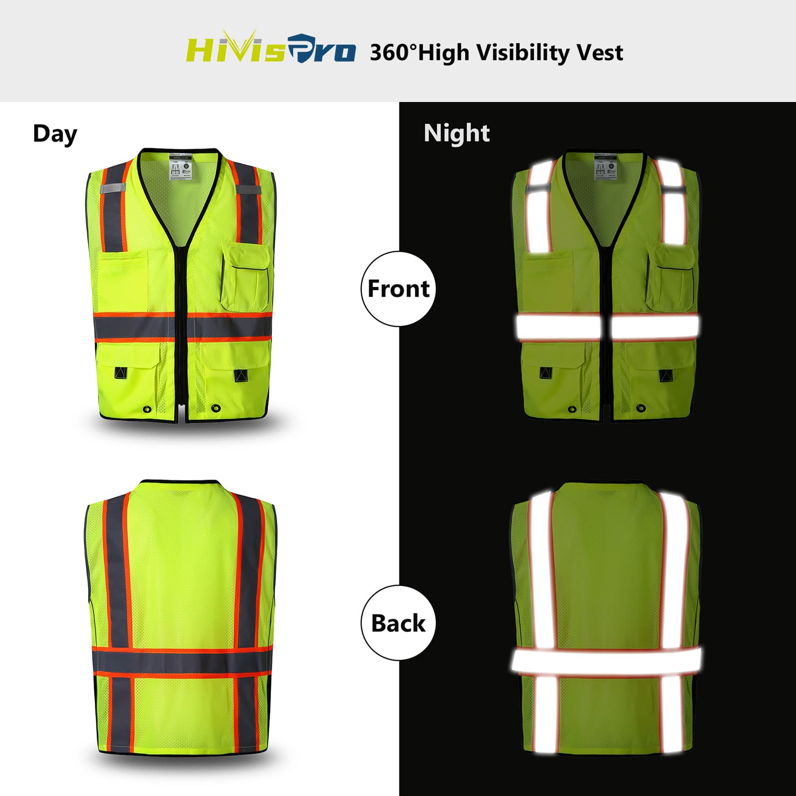 HivisPro ANSI Class 2 Safety Vest with 4 Pockets & Dual Mesh Design - V106 Series
