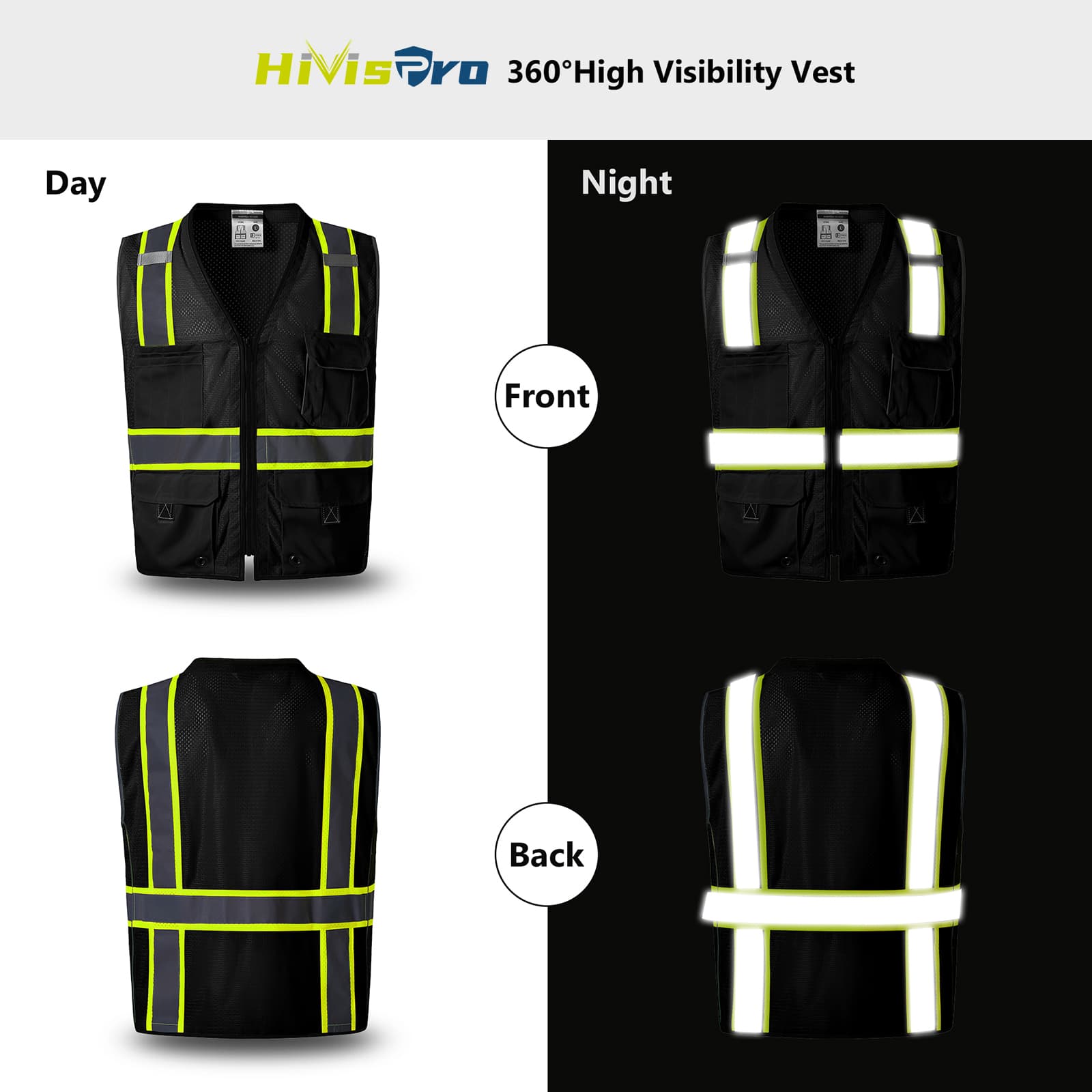 HivisPro ANSI Class 2 Safety Vest with 4 Pockets & Dual Mesh Design - V106 Series