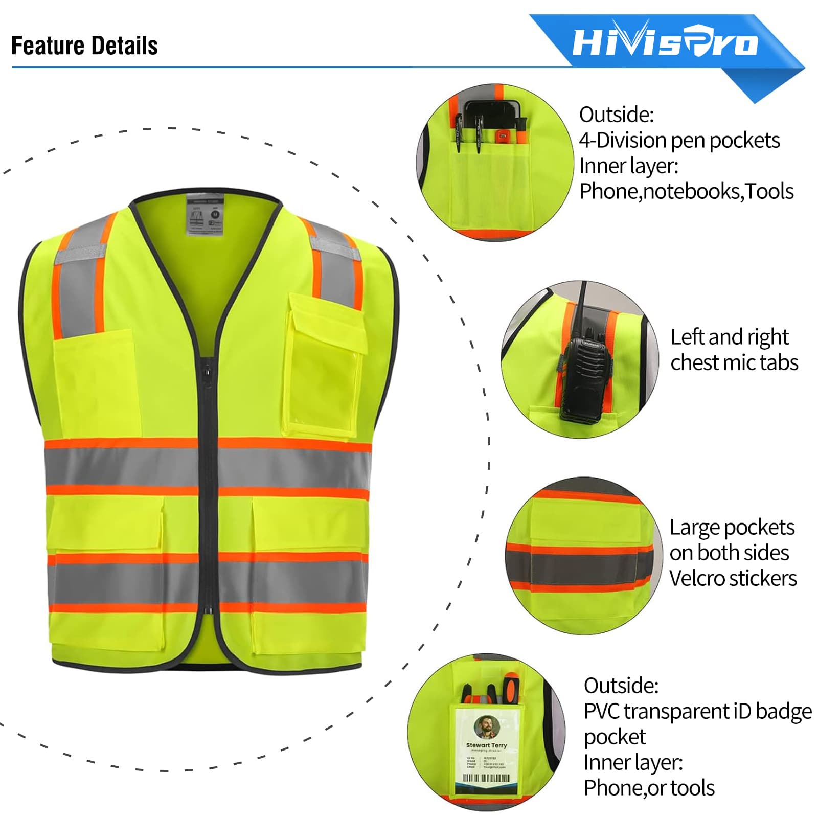 HivisPro V107 ANSI Class 2 Hi-Vis Reflective Safety Vest with Multi-Functional Pockets - V107 Series