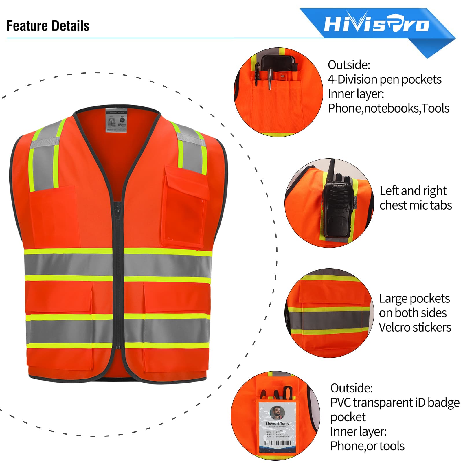 HivisPro V107 ANSI Class 2 Hi-Vis Reflective Safety Vest with Multi-Functional Pockets - V107 Series