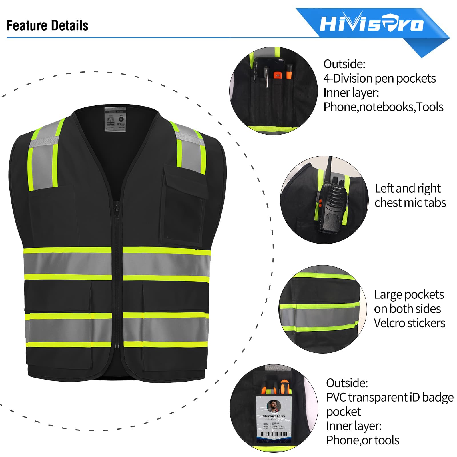 HivisPro V107 ANSI Class 2 Hi-Vis Reflective Safety Vest with Multi-Functional Pockets - V107 Series