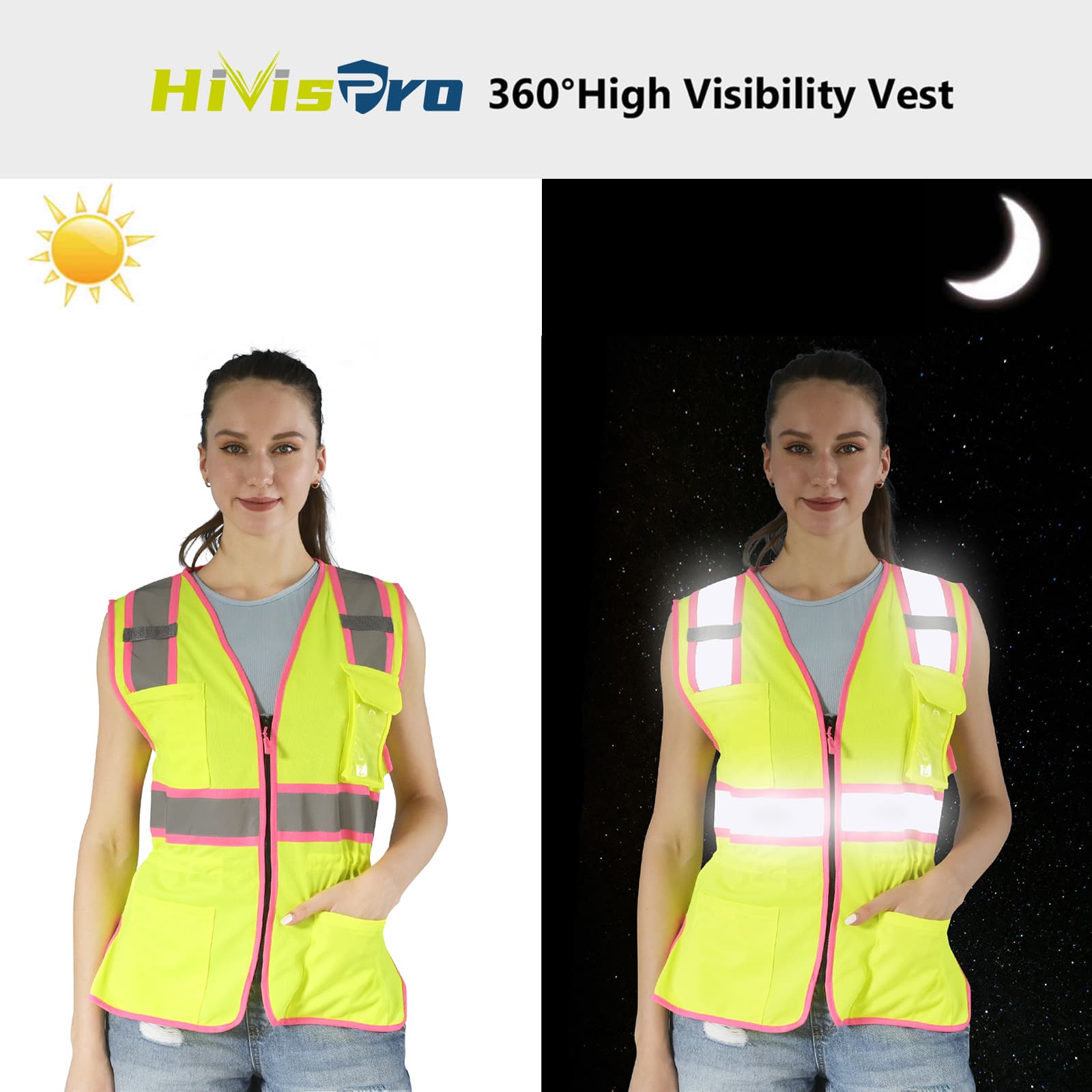 HivisPro Women's ANSI Class 2 Hi-Vis Reflective Safety Vest with 4 Pockets - V108 Series