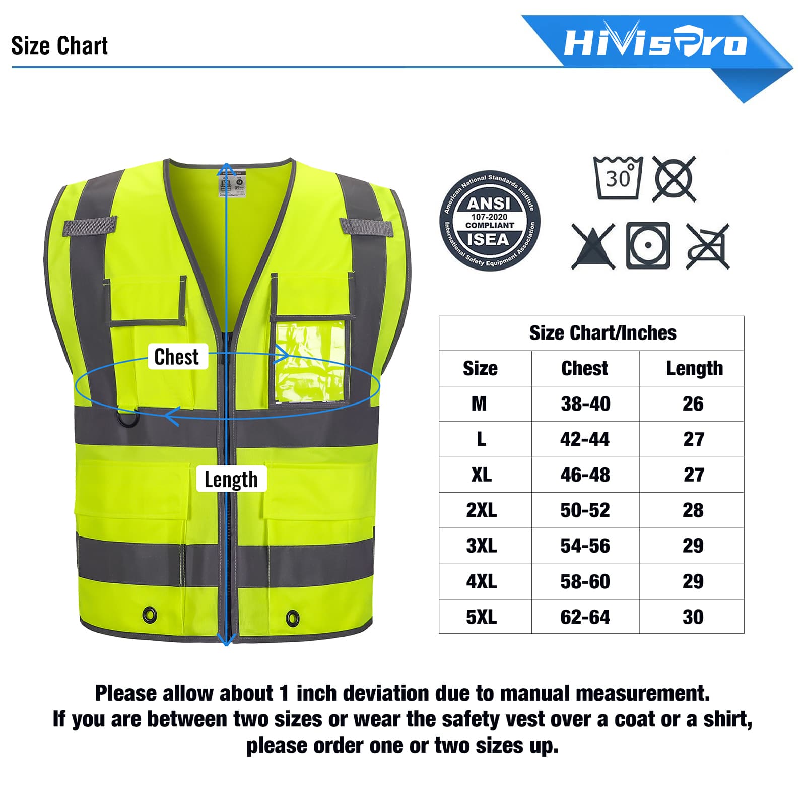 hivispro lime safety vest v2031 size chart with wash instructions and ansi certificate