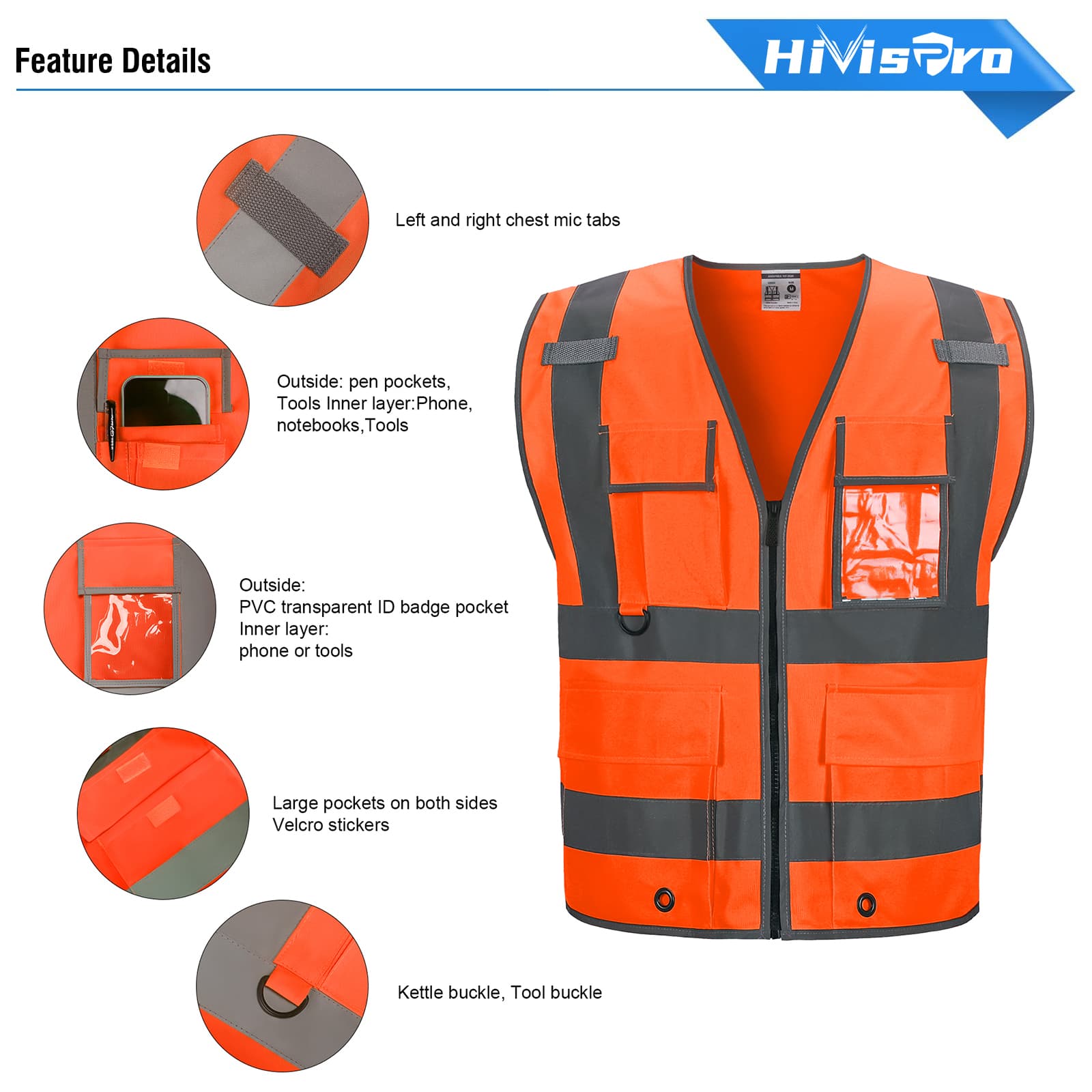 hivispro orange hi-vis safety vest v2032 pockets details