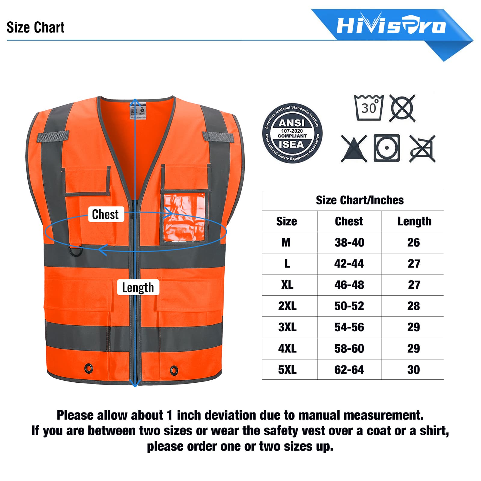 hivispro orange hi-vis safety vest v2032 with wash instruction and ansi certification