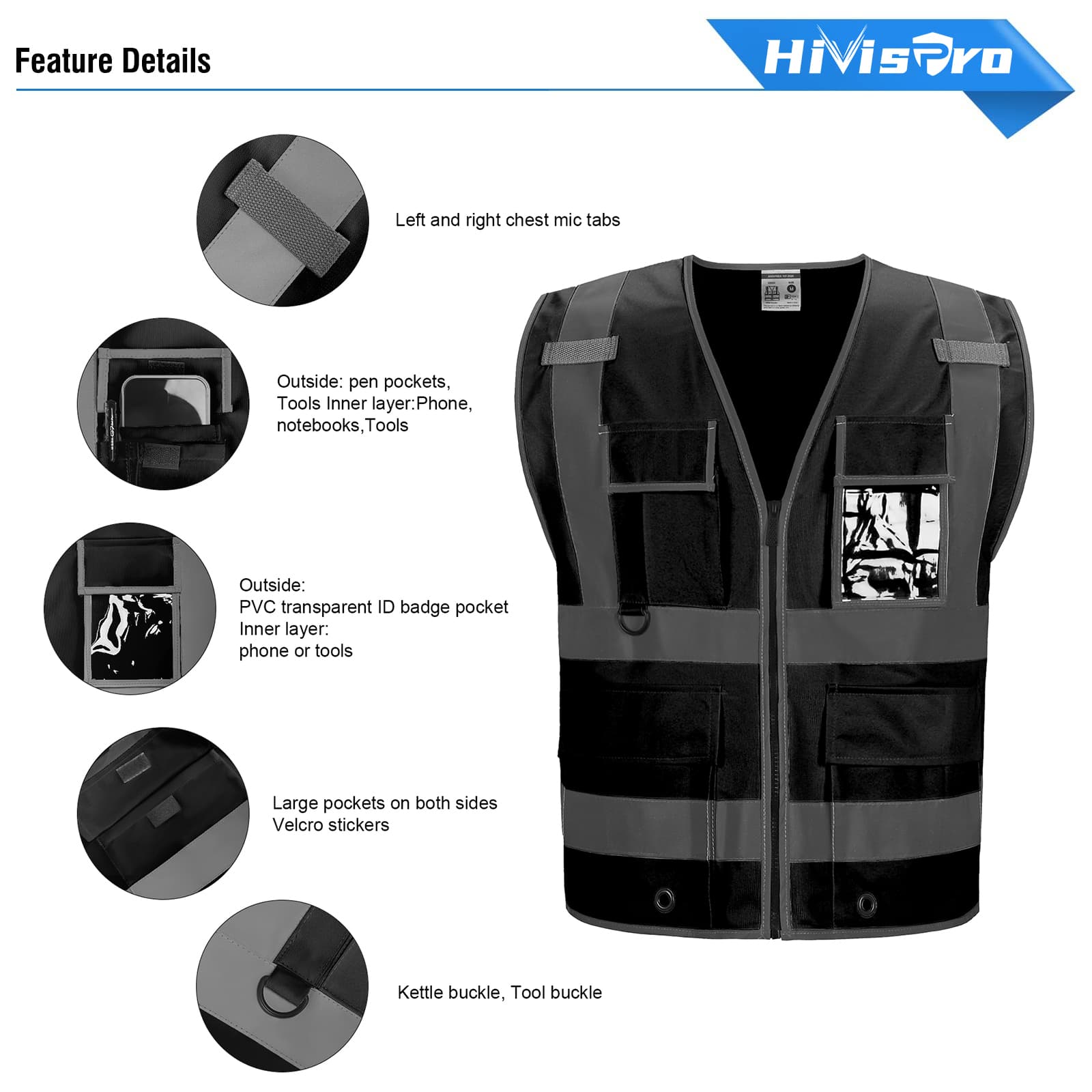 hivispro black safety vest v2033 pockets detail