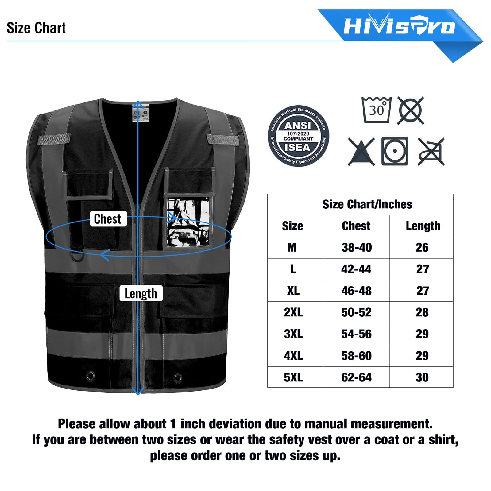 hivispro black safety vest v2033 size chart with wash instruction and ansi certification