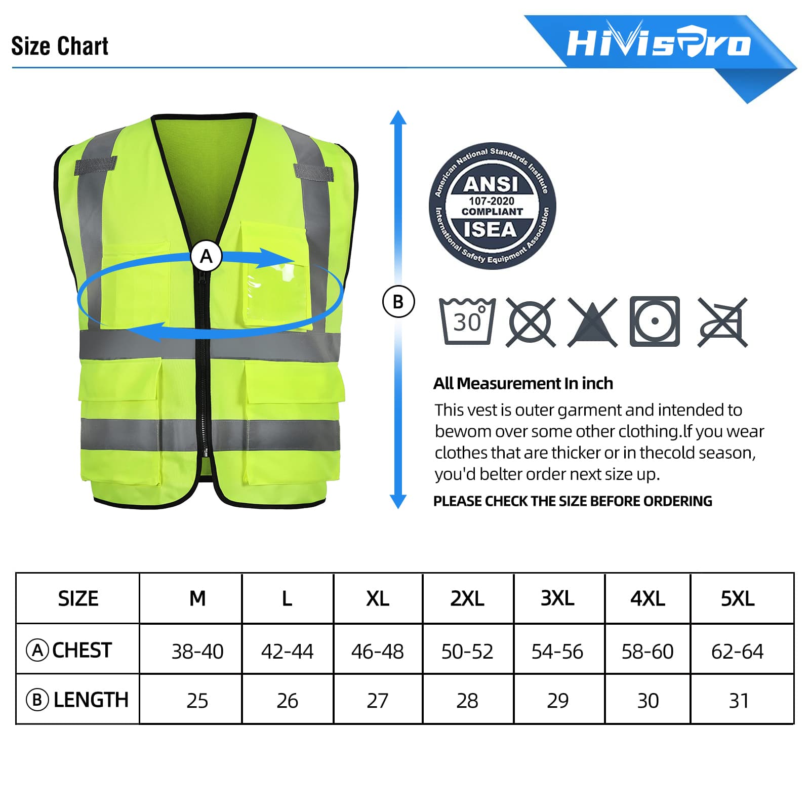 hivispro lime safety vest v2071 size chart with wash instruction and ansi certificate