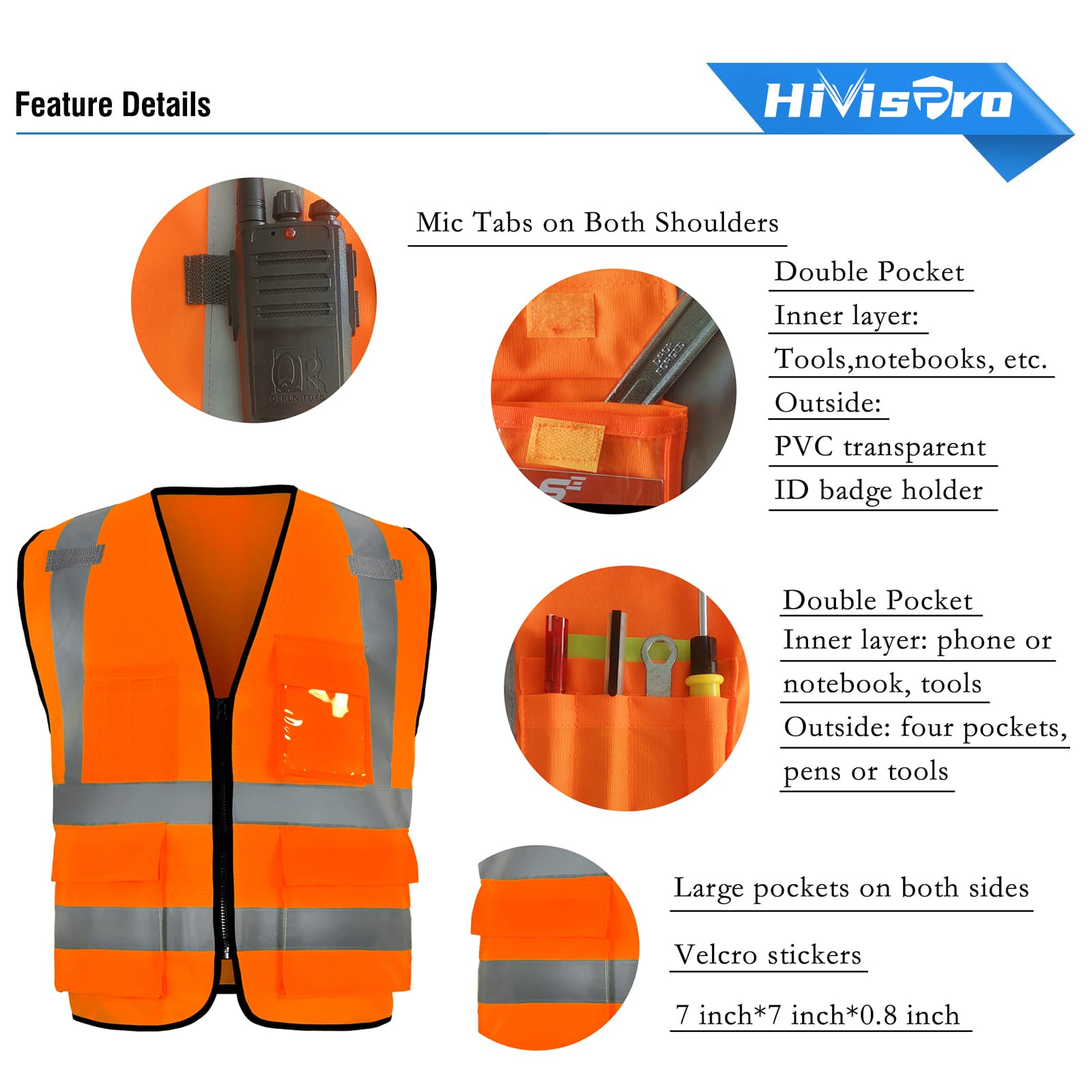 hivispro v2072 orange safety vest pocket details