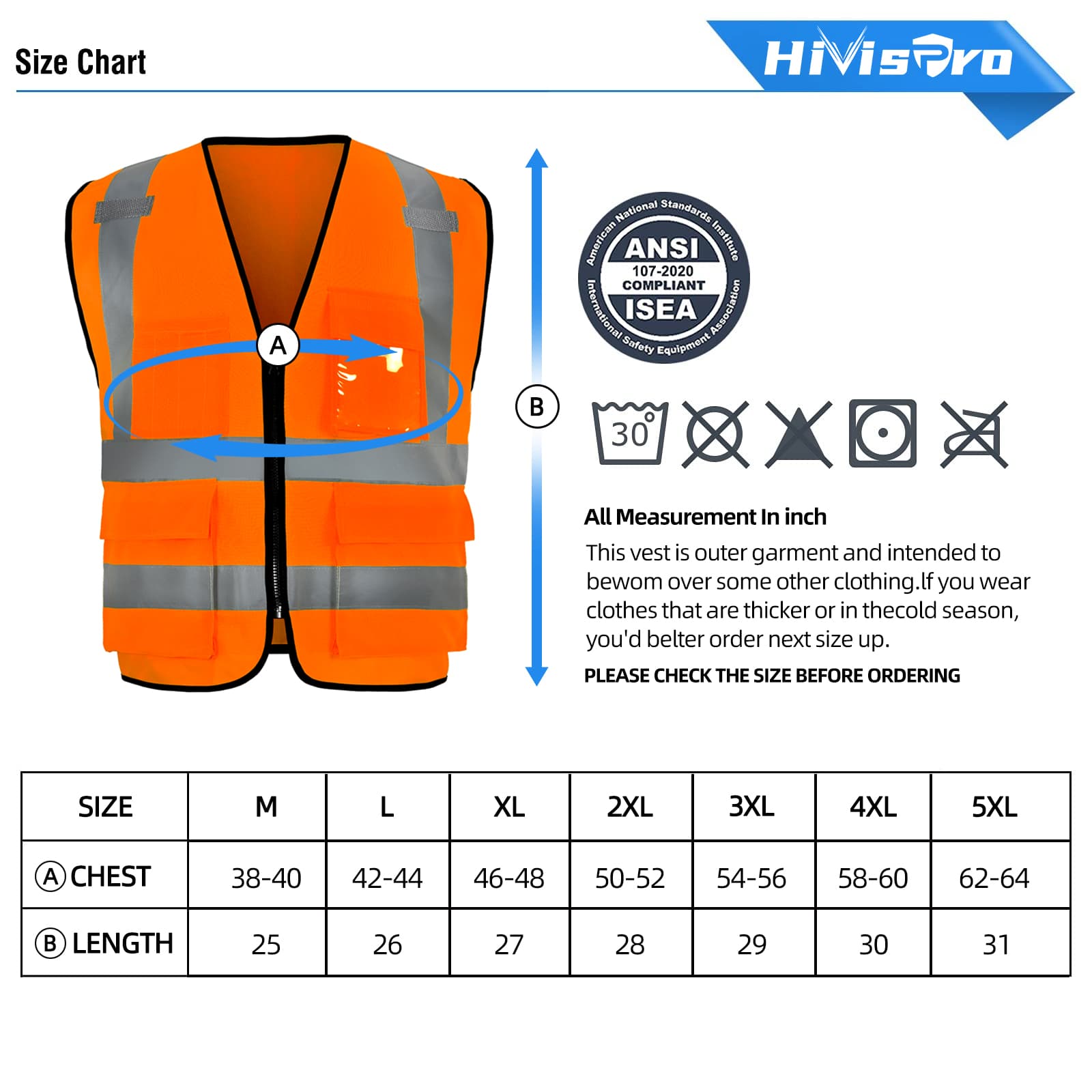 hivispro orange safety vest v2072 size chart with wash instruction and ansi certificate