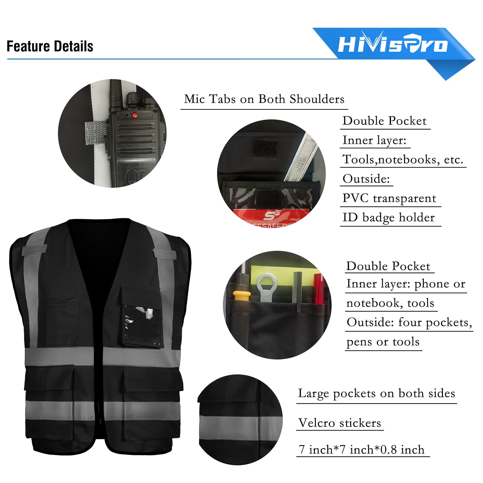 hivispro black safety vest v2073 pockets detail
