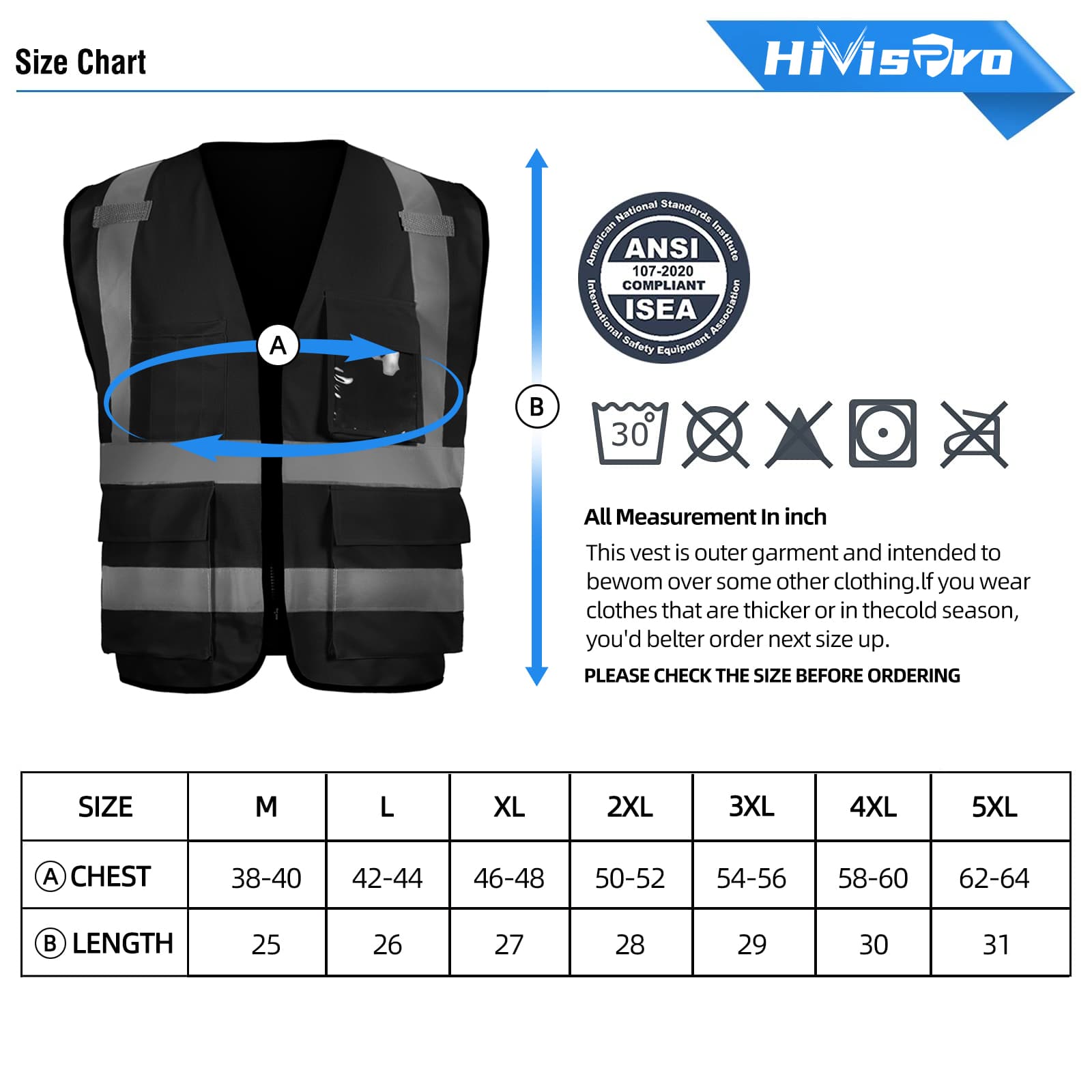hivispro black safety vest v2073 size chart with wash instruction and ansi certificate
