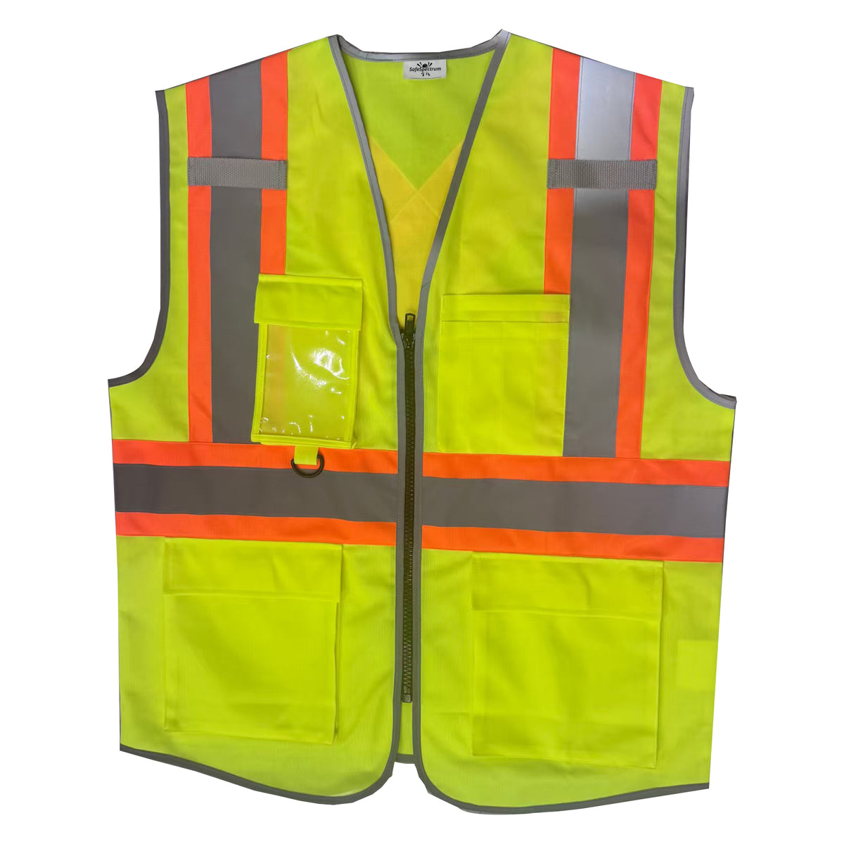 SafeSpectrum High Visibility Safety Vest, Neon Yellow, Reflective Strips, Multiple Pockets, Zipper Front, ANSI/ISEA Compliant