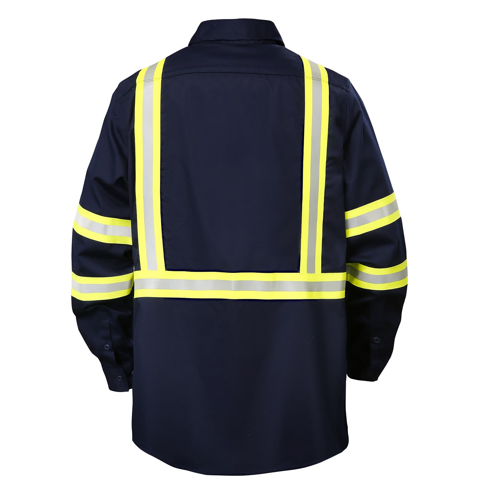 Back view of the FR1011 blue flame retardant work shirt, showing the reflective stripe across the back