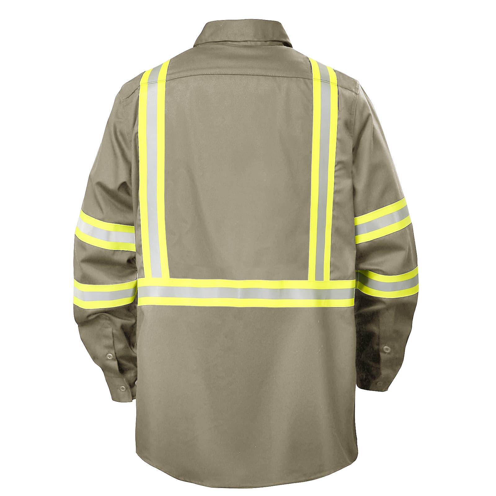 Back view of the FR1012 khaki flame retardant work shirt, showing the reflective stripe across the back