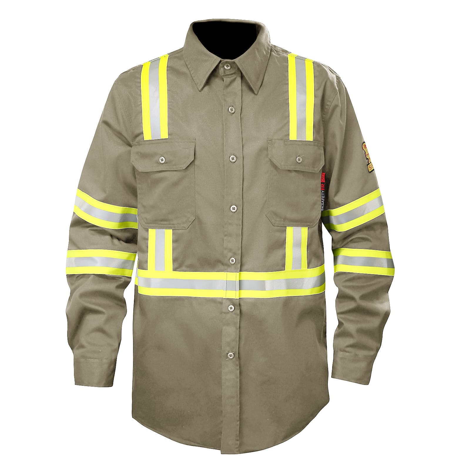 Front view of the FR1012 khaki flame retardant work shirt with high-visibility reflective stripes, suitable for industrial safety.