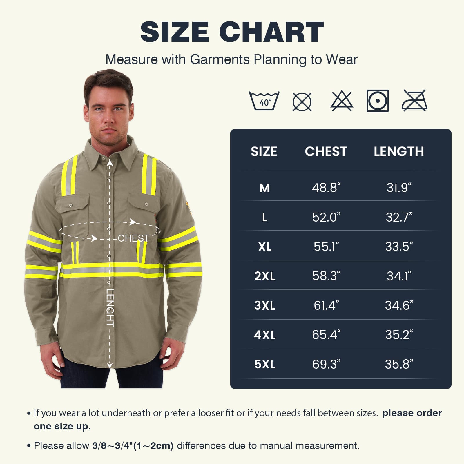 FR1012 Flame Retardant Work Shirt size chart and a model wearing the high-visibility reflective shirt