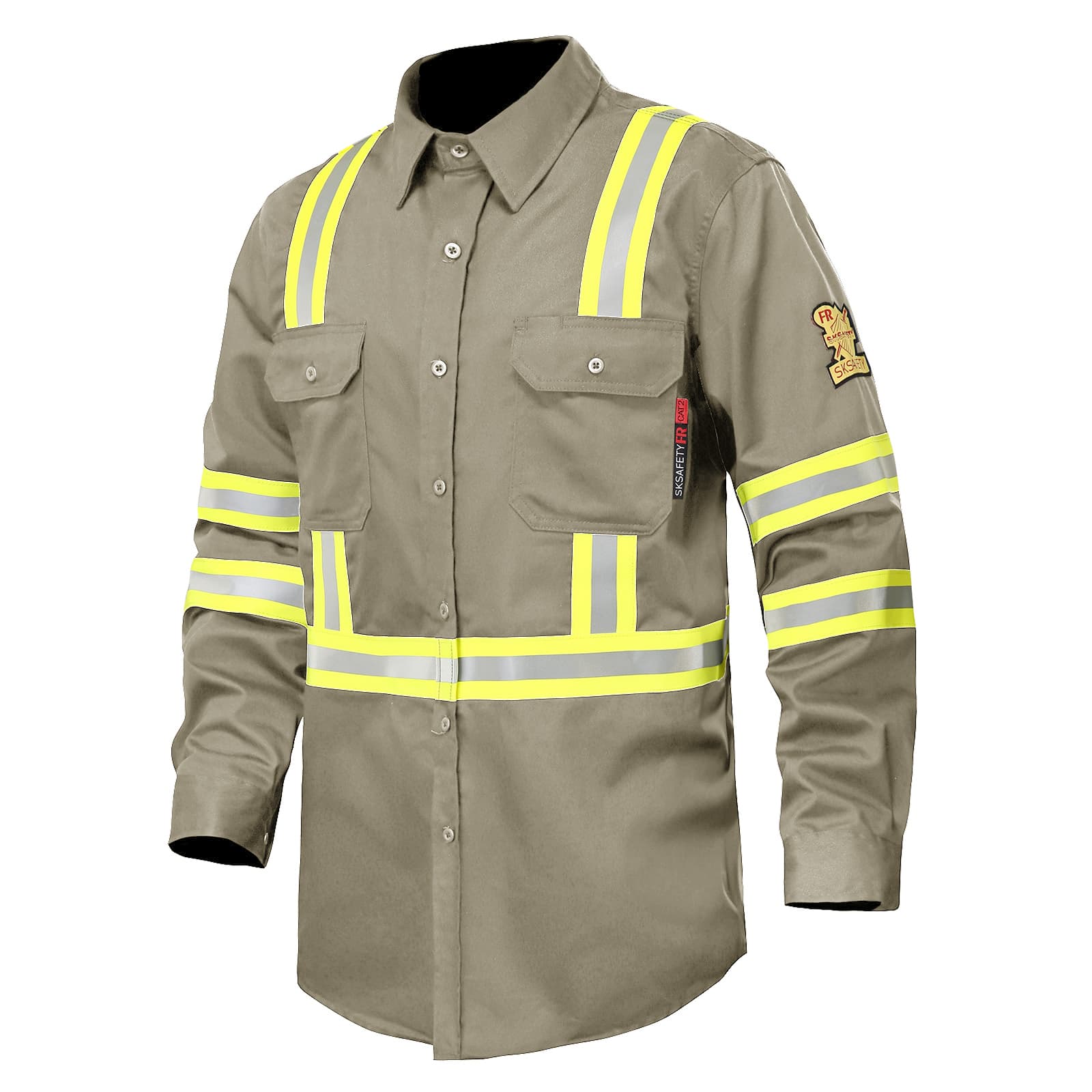 side view of the FR1012 khaki flame retardant work shirt with high-visibility reflective stripes, suitable for industrial safety.