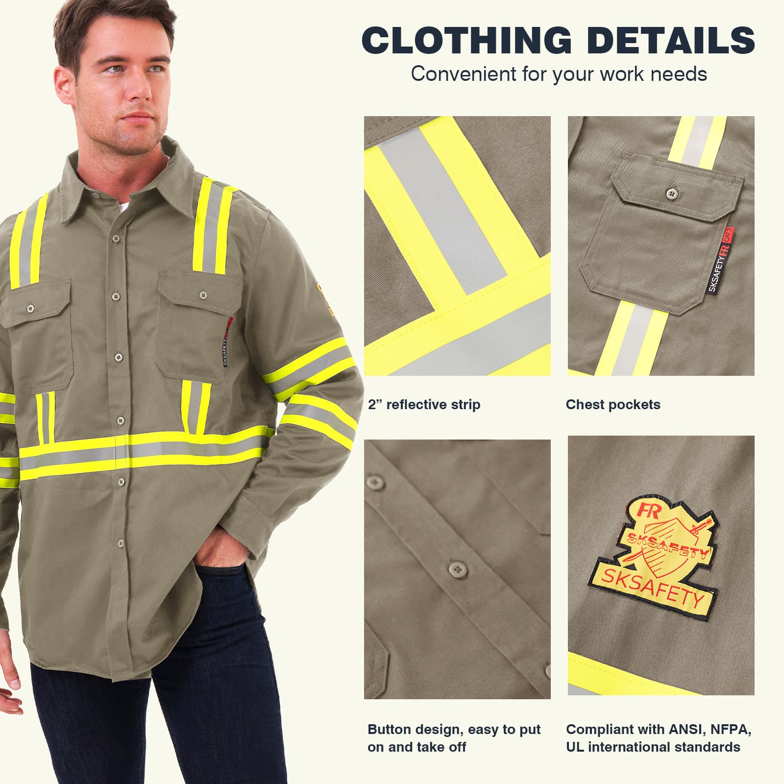 FR1012 Flame Retardant Work Shirt size chart and a model wearing the high-visibility reflective shirt