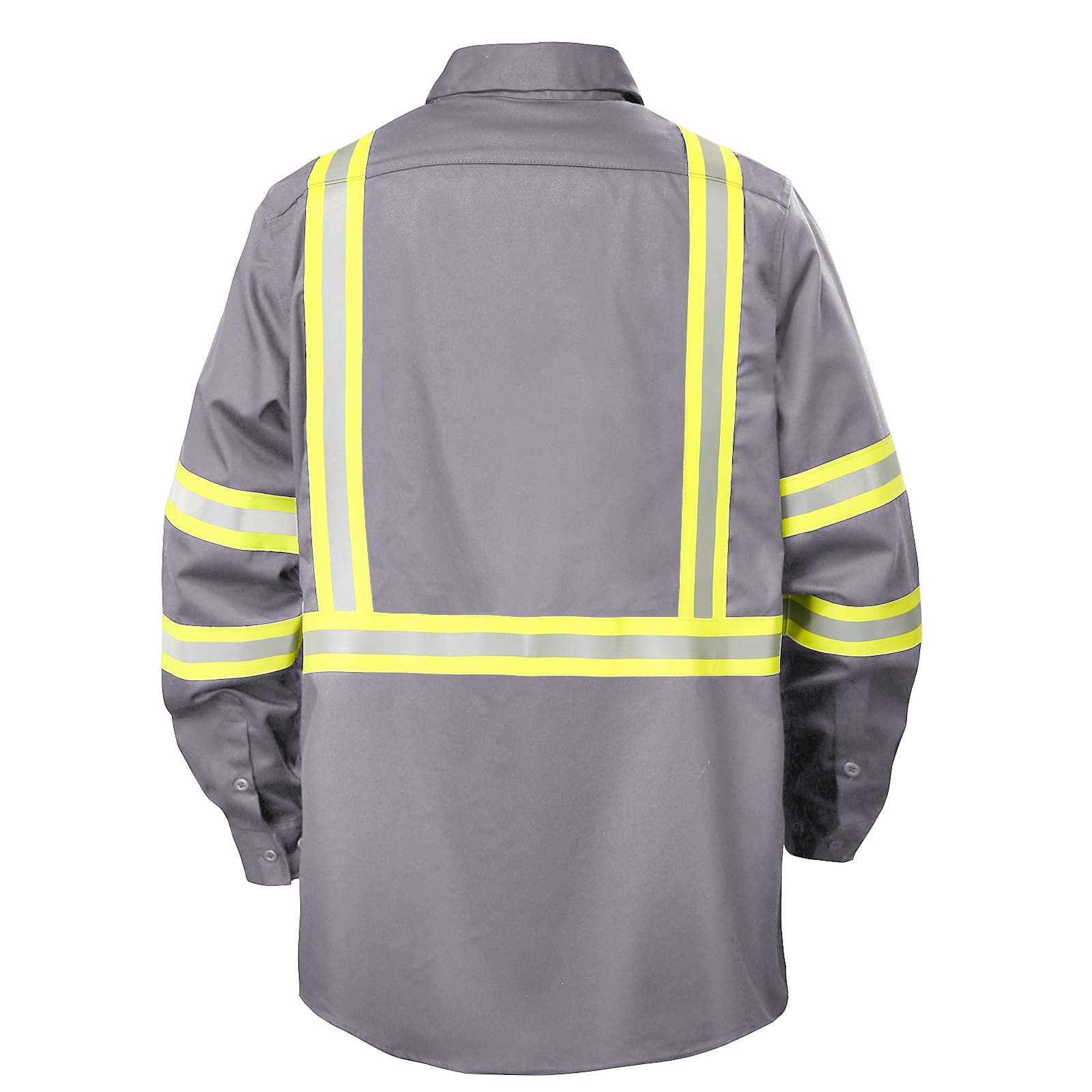 Back view of the FR1013 gray flame retardant work shirt, showing the reflective stripe across the back