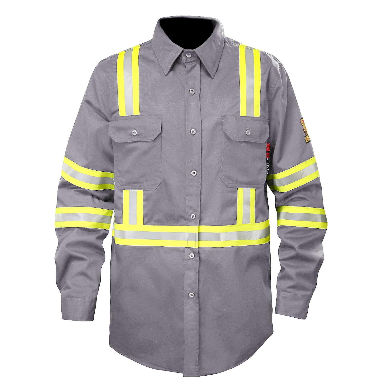 Front view of the FR1013 grayflame retardant work shirt with high-visibility reflective stripes, suitable for industrial safety