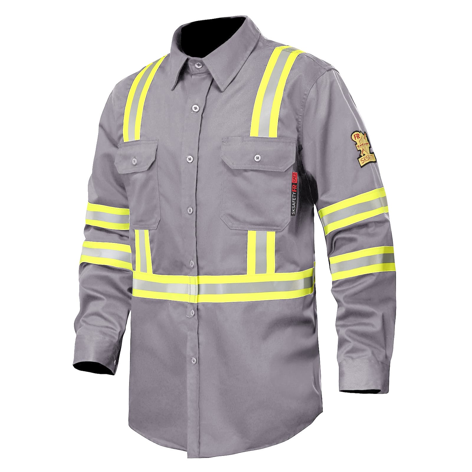 Side view of the FR1013 Gray flame retardant work shirt with high-visibility reflective stripes, suitable for industrial safety