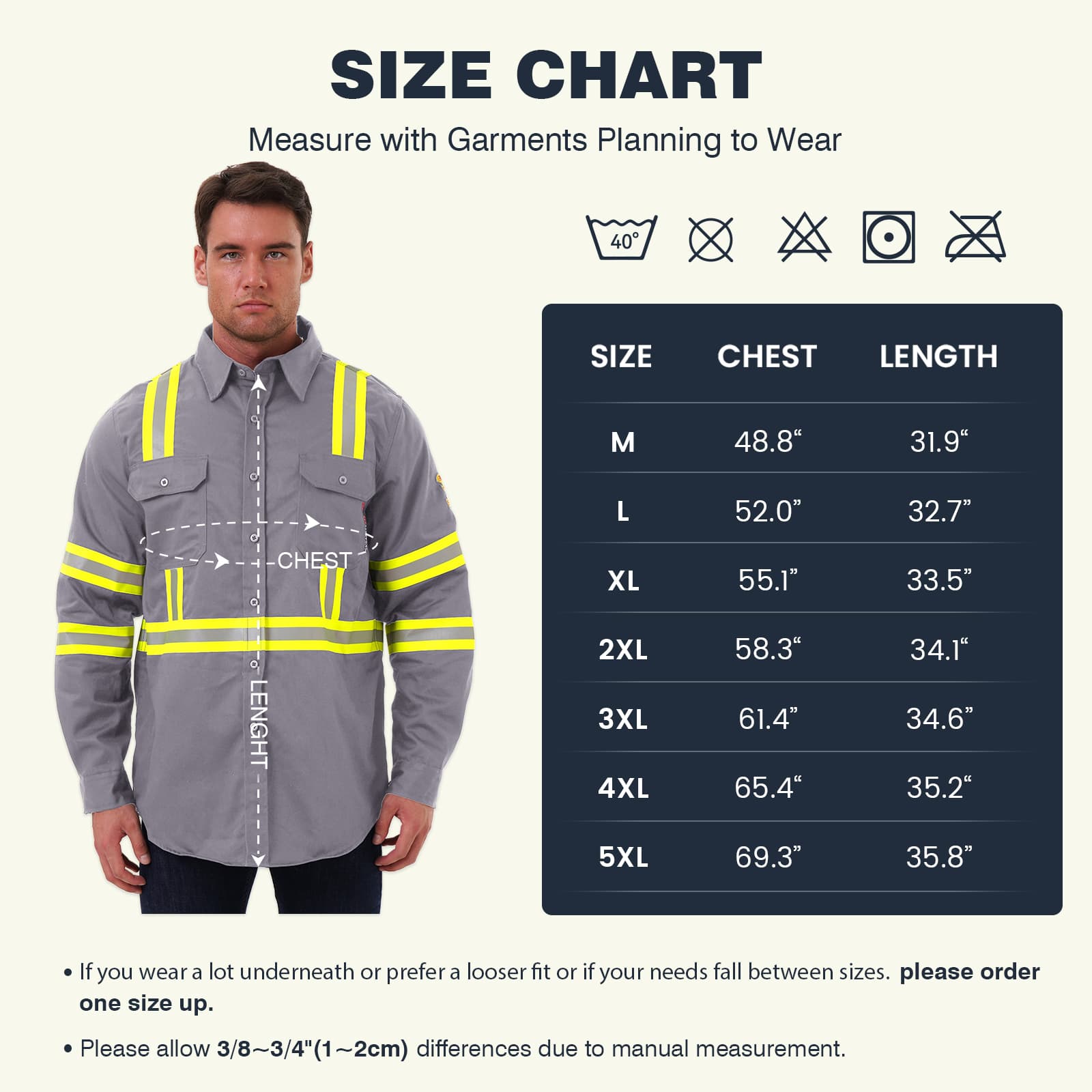 FR1013 Flame Retardant Work Shirt size chart and a model wearing the high-visibility reflective shirt