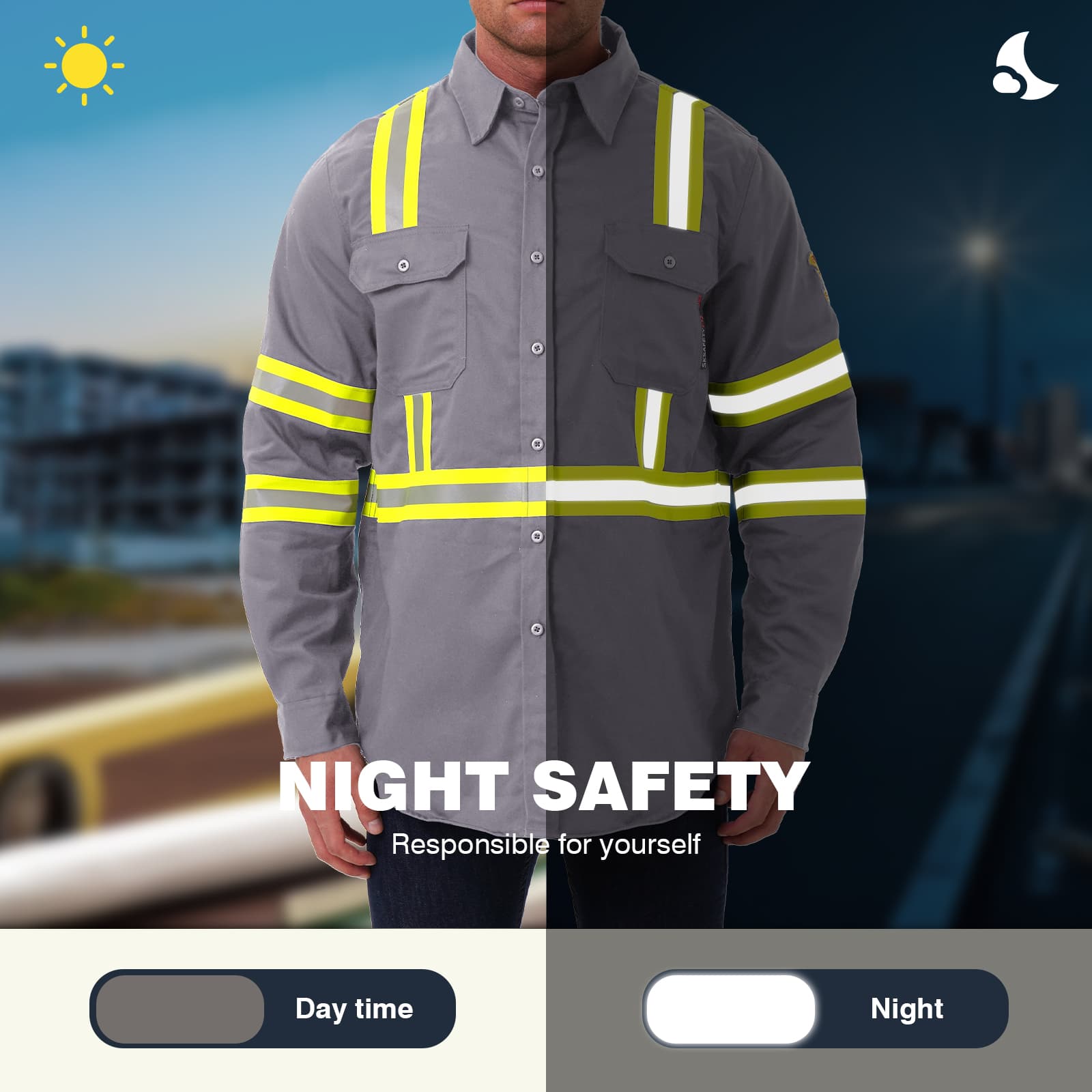 FR1013 high-visibility work shirt in a night scene, emphasizing the bright reflective properties for safety