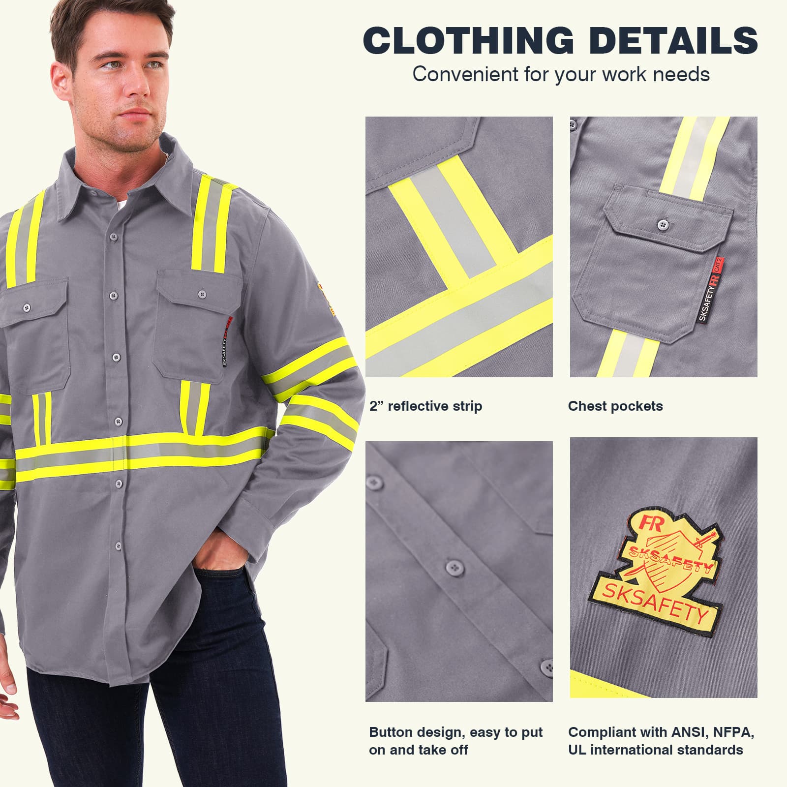 Detailed view of the FR1013 flame retardant work shirt, showing close-ups of durable fabric, functional pockets, and reflective tape