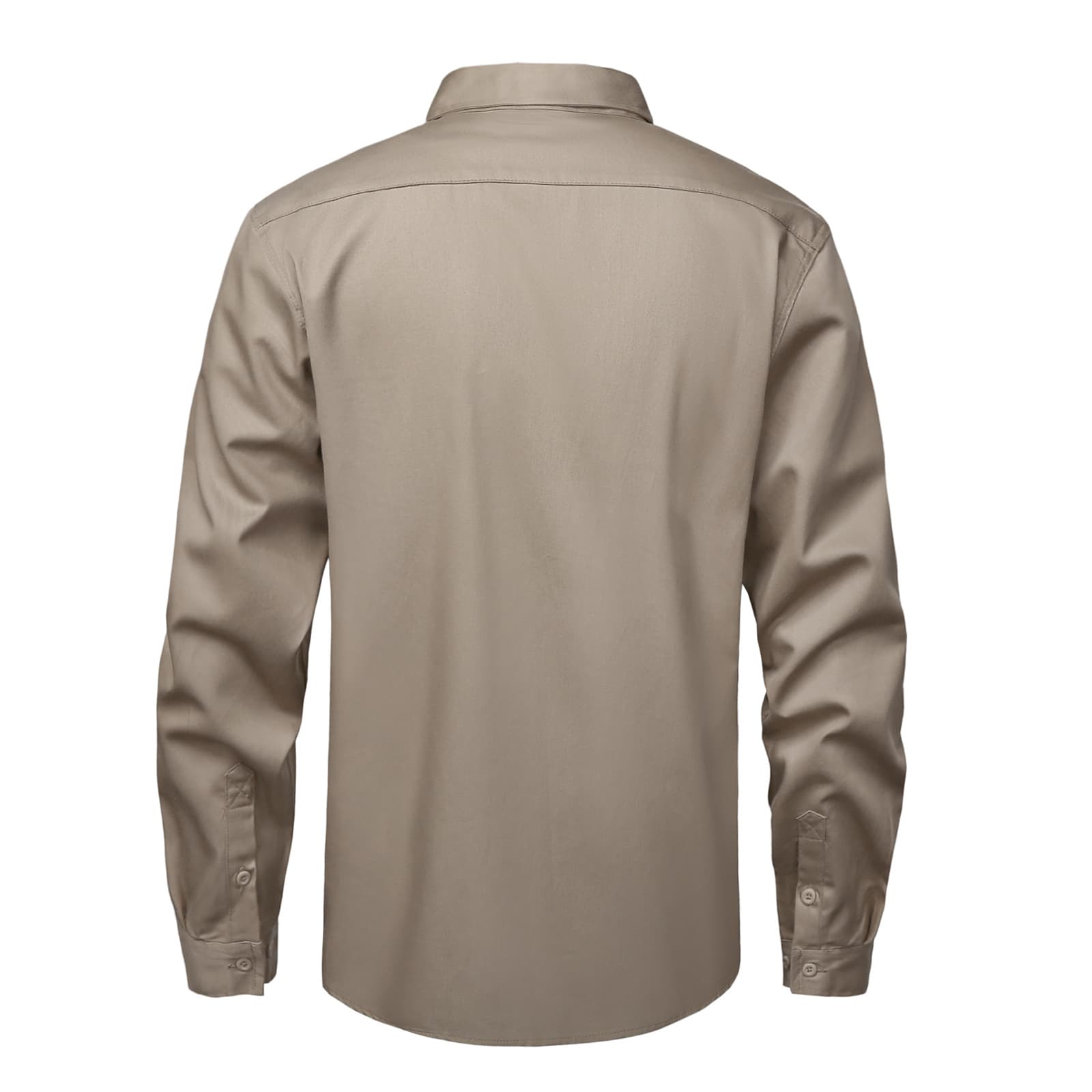 Back view of the HivisPro FR2012 khaki flame retardant work shirt.