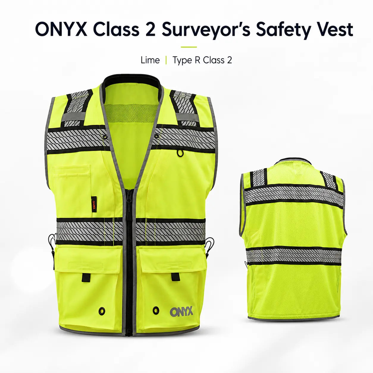 ONYX GSS-1511 Class 2 Surveyor Safety Vest in lime, front and back view, ANSI Type R Class 2 high-visibility reflective work vest with multiple utility pockets