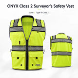 ONYX GSS-1511 Class 2 Surveyor Safety Vest in lime, front and back view, ANSI Type R Class 2 high-visibility reflective work vest with multiple utility pockets