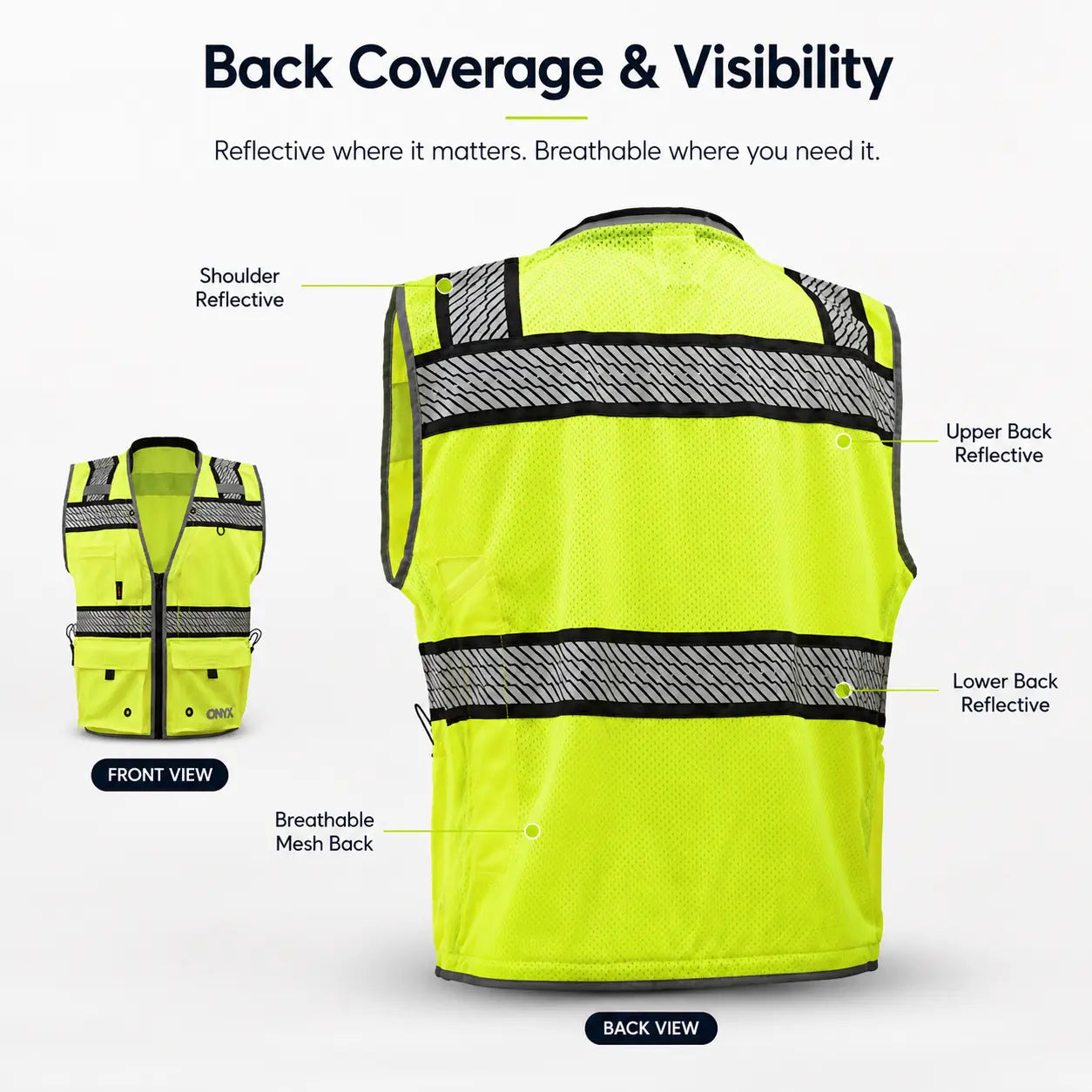 ONYX GSS-1511 Class 2 Surveyor Safety Vest in lime featuring enhanced back coverage and reflective visibility, ANSI Type R Class 2 high-visibility reflective work vest with breathable mesh back