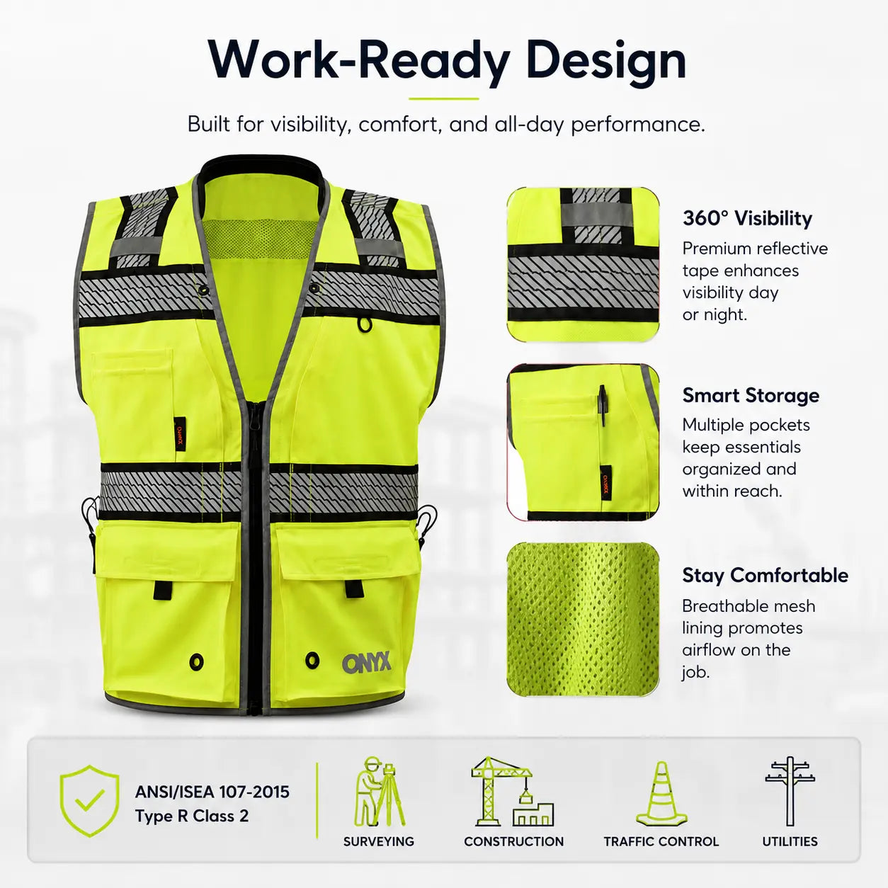 ONYX GSS-1511 Class 2 Surveyor Safety Vest in lime featuring 360° visibility, multiple utility pockets, and breathable mesh construction, ANSI Type R Class 2 high-visibility reflective work vest