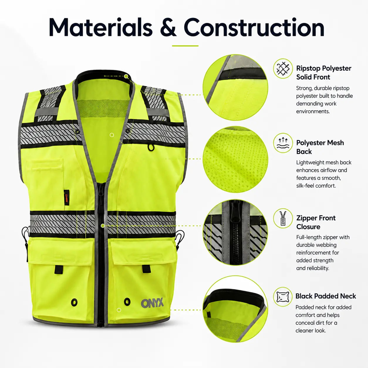 ONYX GSS-1511 Class 2 Surveyor Safety Vest in lime featuring ripstop polyester front, breathable mesh back, full-length zipper closure, and padded neck, ANSI Type R Class 2 high-visibility reflective work vest