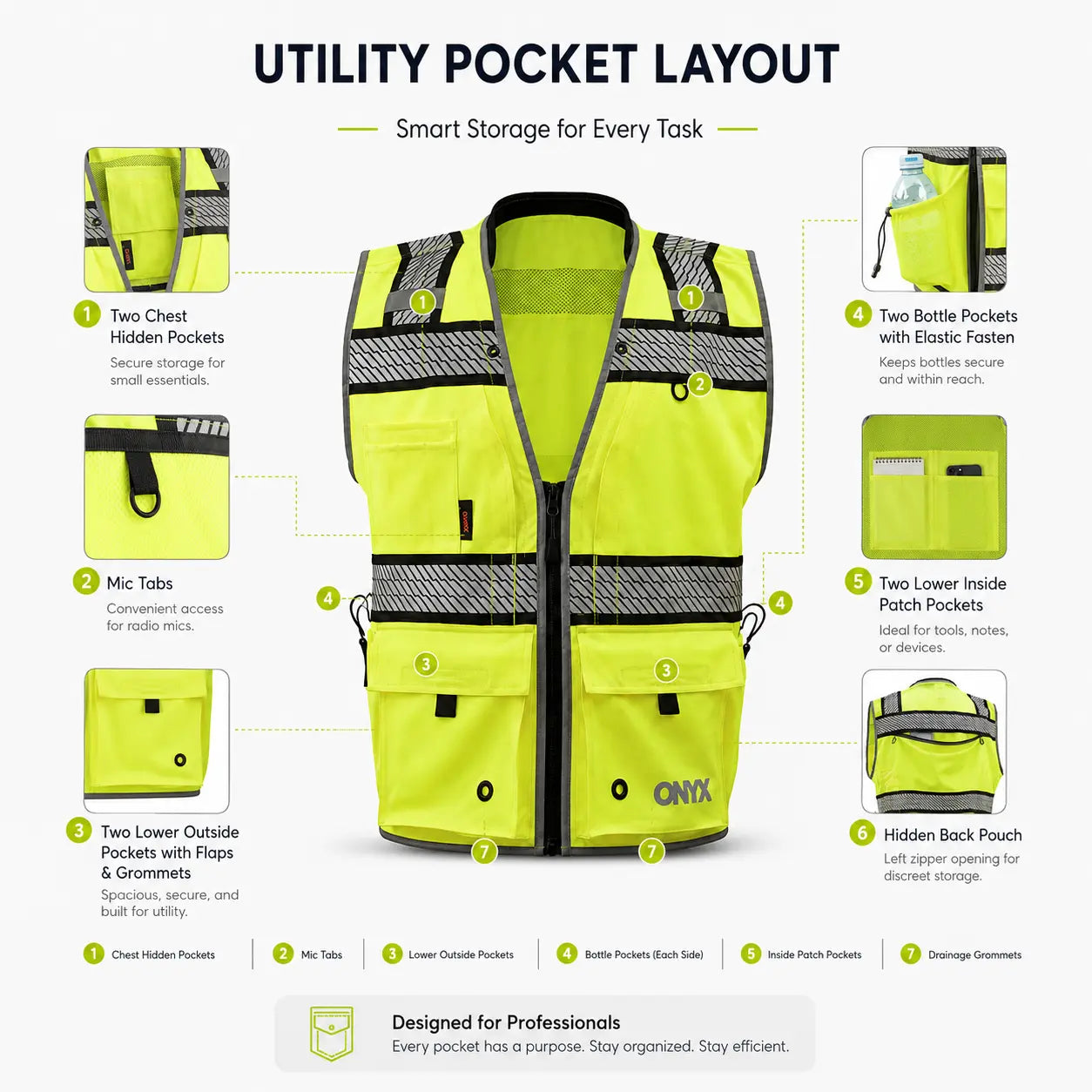 ONYX GSS-1511 Class 2 Surveyor Safety Vest in lime featuring multiple utility pockets, mic tabs, bottle pockets, hidden back pouch, and smart storage layout, ANSI Type R Class 2 high-visibility reflective work vest