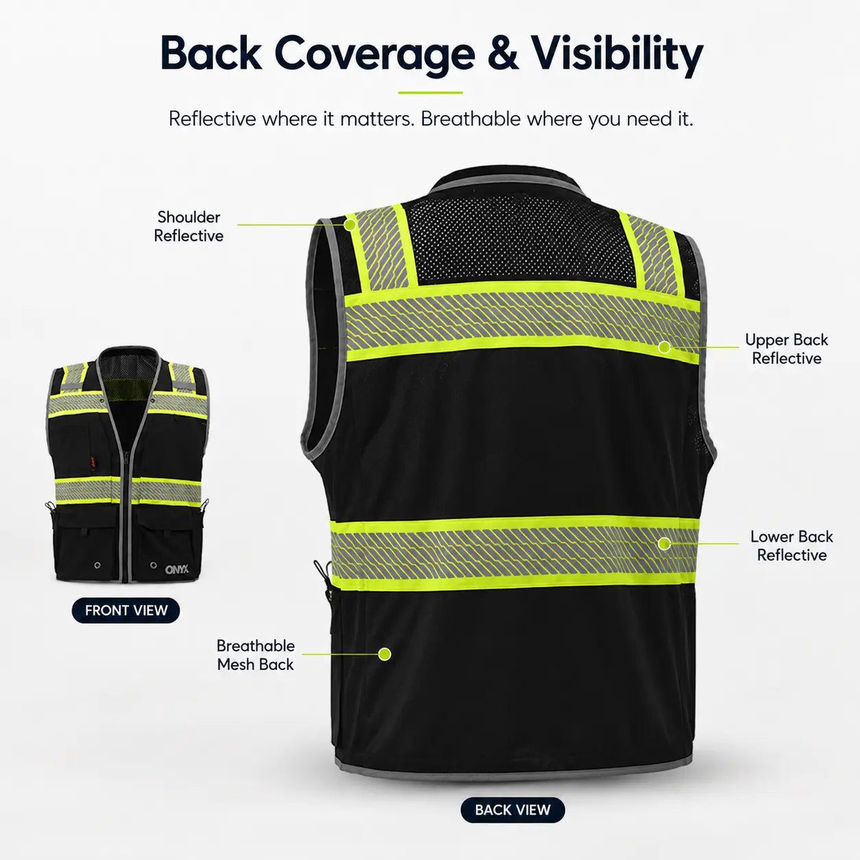 ONYX GSS-1513 Class 2 Surveyor Safety Vest in black featuring enhanced back coverage and reflective visibility, non-ANSI high-visibility reflective work vest with breathable mesh back