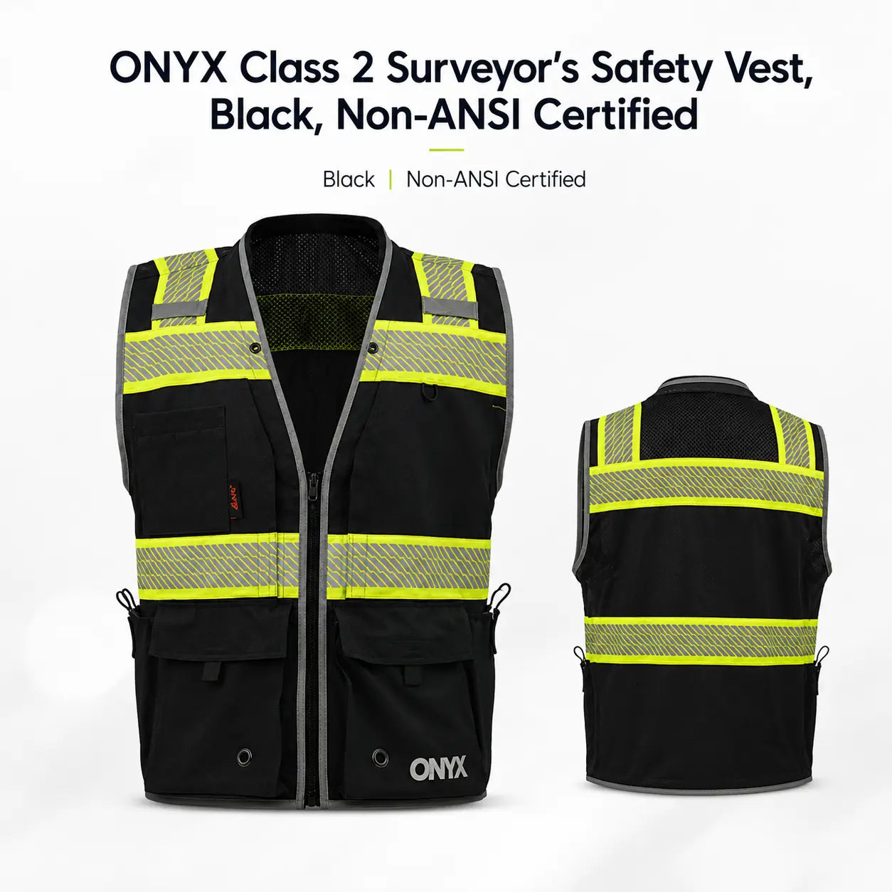 ONYX GSS-1513 Class 2 Surveyor Safety Vest in black, front and back view, non-ANSI high-visibility reflective work vest with multiple utility pockets