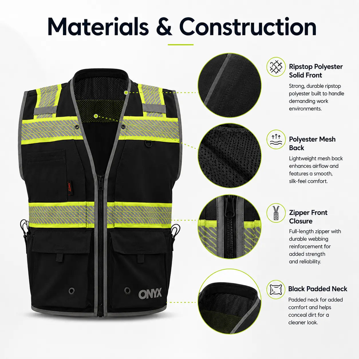 ONYX GSS-1513 Class 2 Surveyor Safety Vest in black featuring ripstop polyester front, breathable mesh back, full-length zipper closure, and padded neck, non-ANSI high-visibility reflective work vest