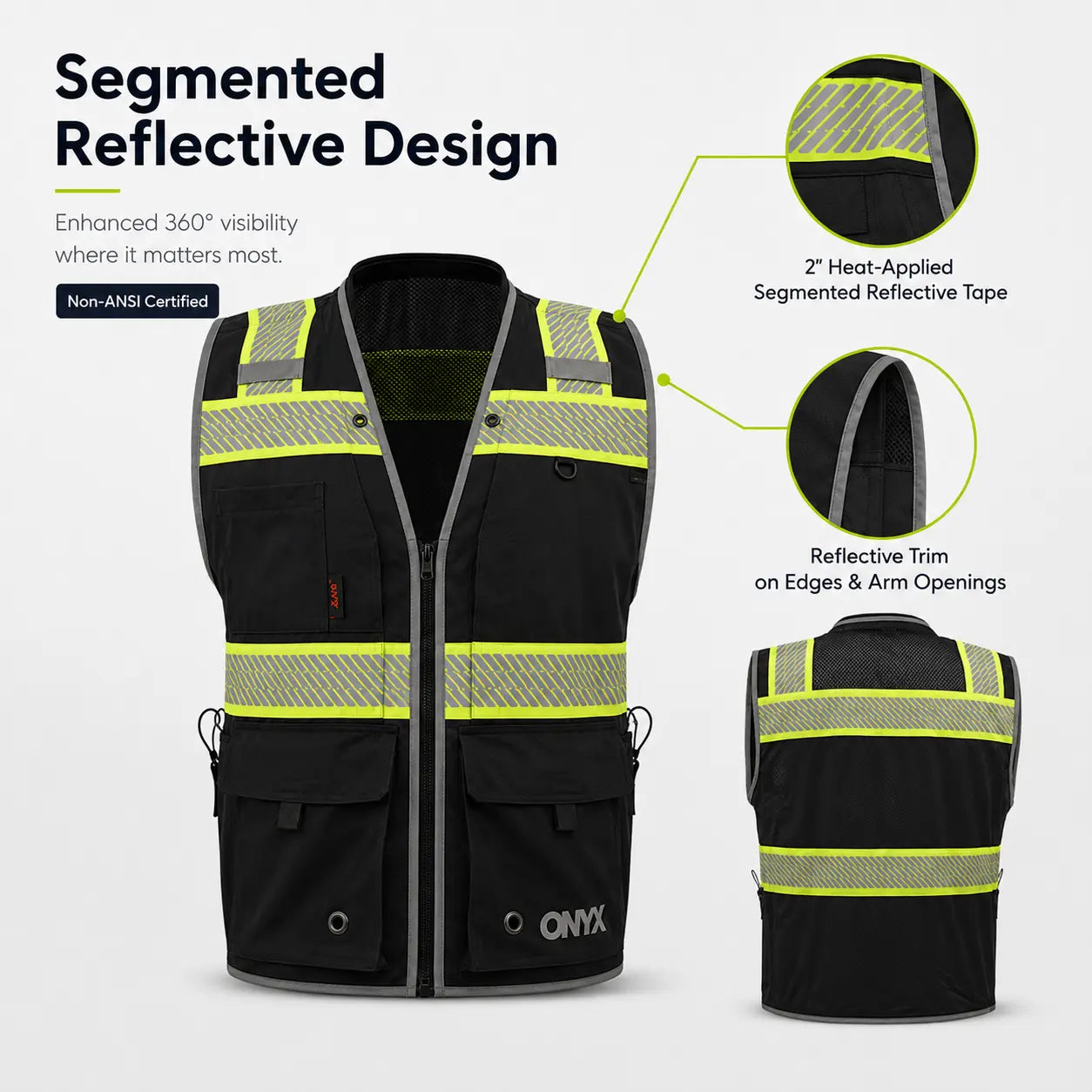 ONYX GSS-1513 Class 2 Surveyor Safety Vest in black featuring segmented reflective tape, non-ANSI high-visibility reflective work vest with front and back views