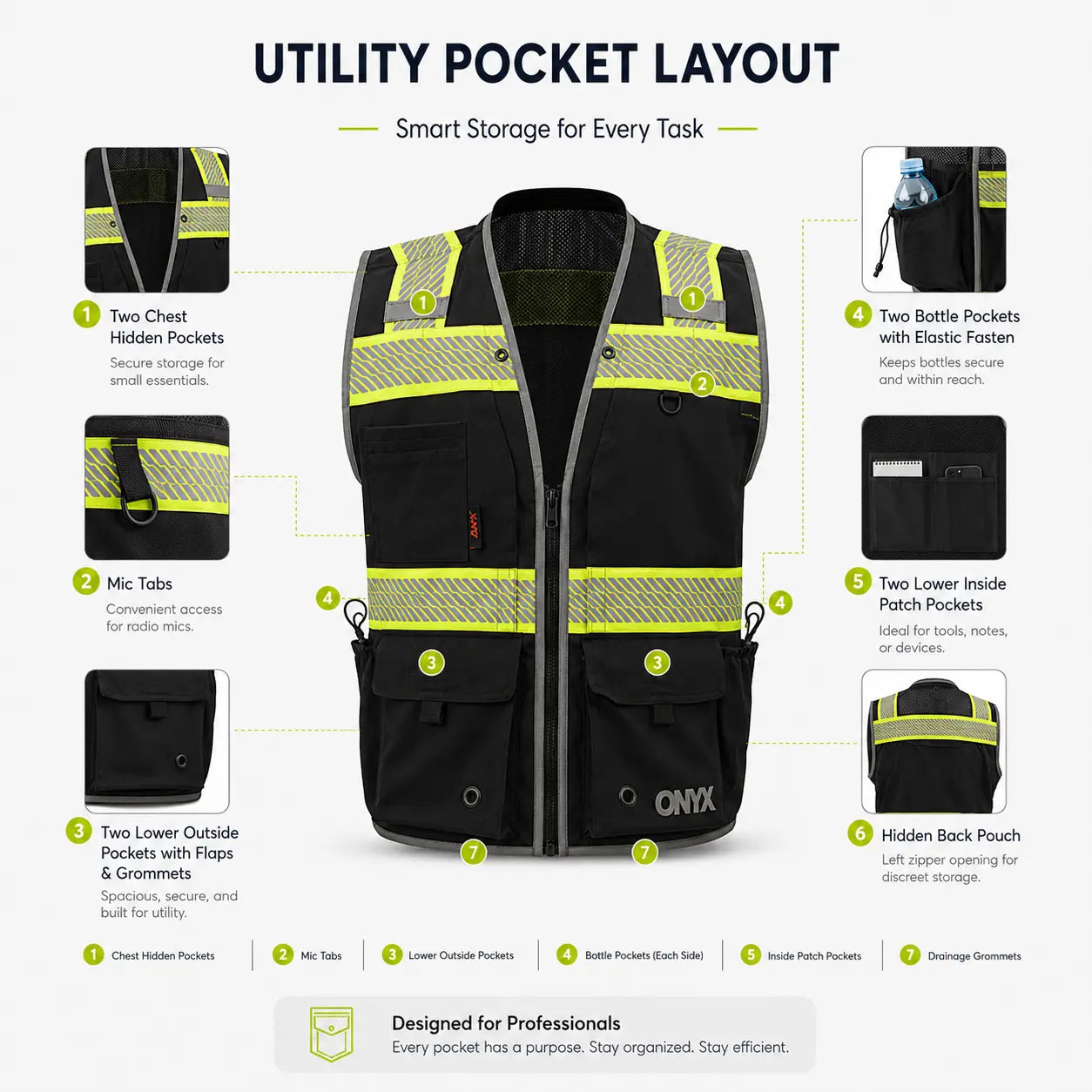 ONYX GSS-1513 Class 2 Surveyor Safety Vest in black featuring multiple utility pockets, mic tabs, bottle pockets, hidden back pouch, and smart storage layout, non-ANSI high-visibility reflective work vest