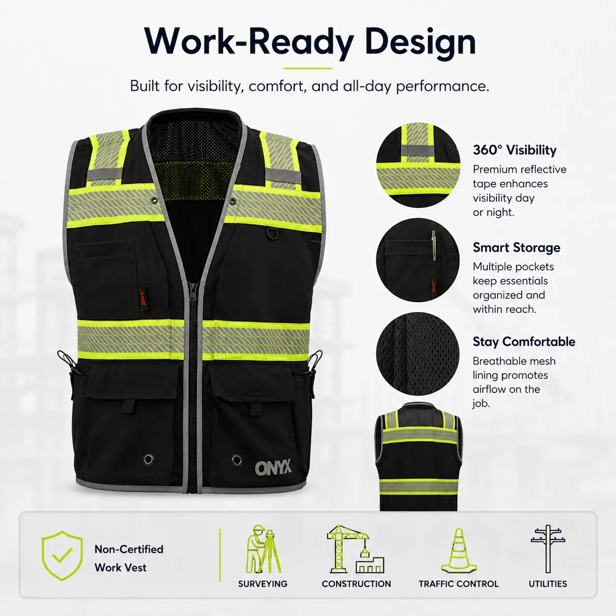 ONYX GSS-1513 Class 2 Surveyor Safety Vest in black featuring 360° visibility, multiple utility pockets, and breathable mesh construction, non-ANSI high-visibility reflective work vest