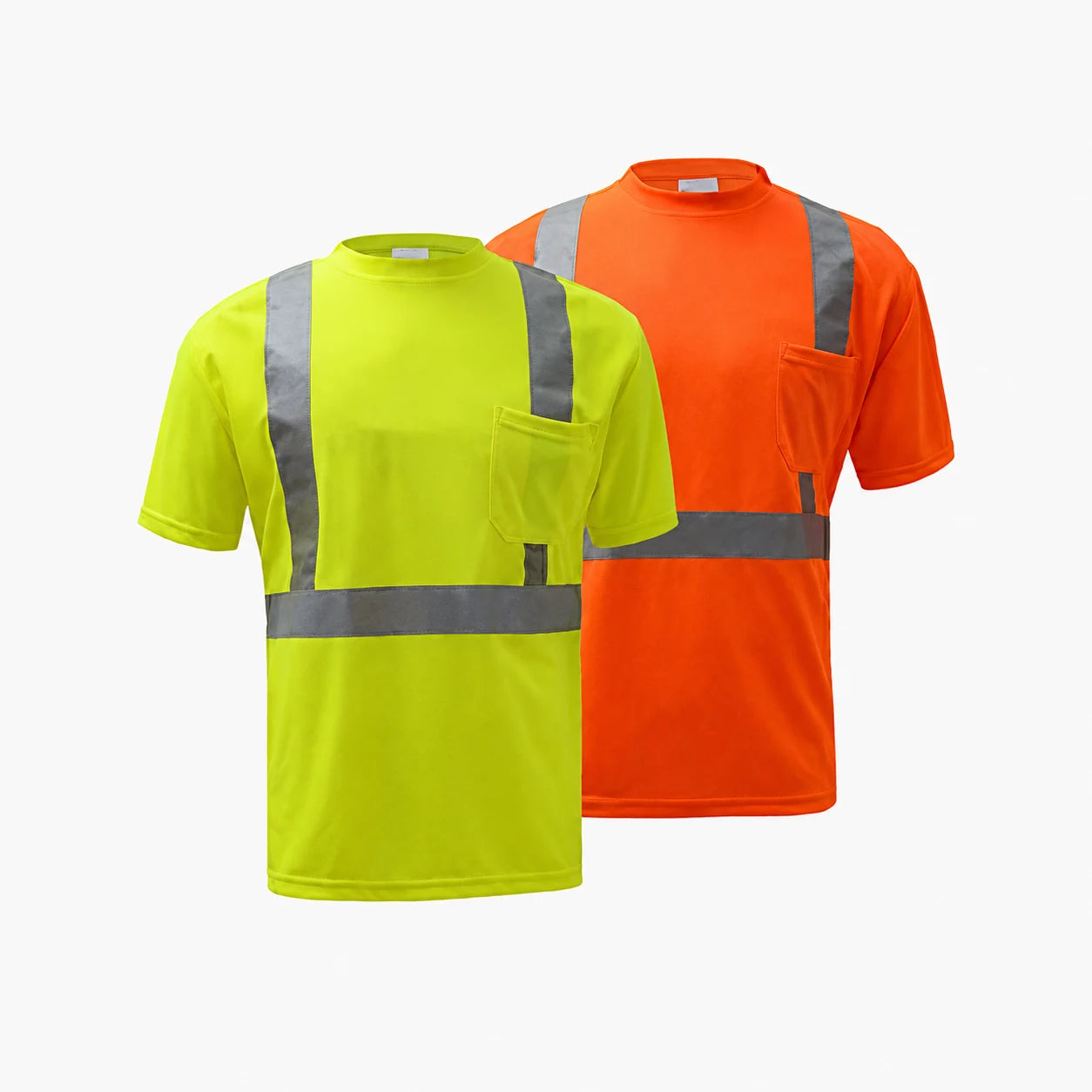 GSS 5001 lime and 5002 orange Class 2 moisture wicking short sleeve safety T-shirts with reflective tape and chest pocket
