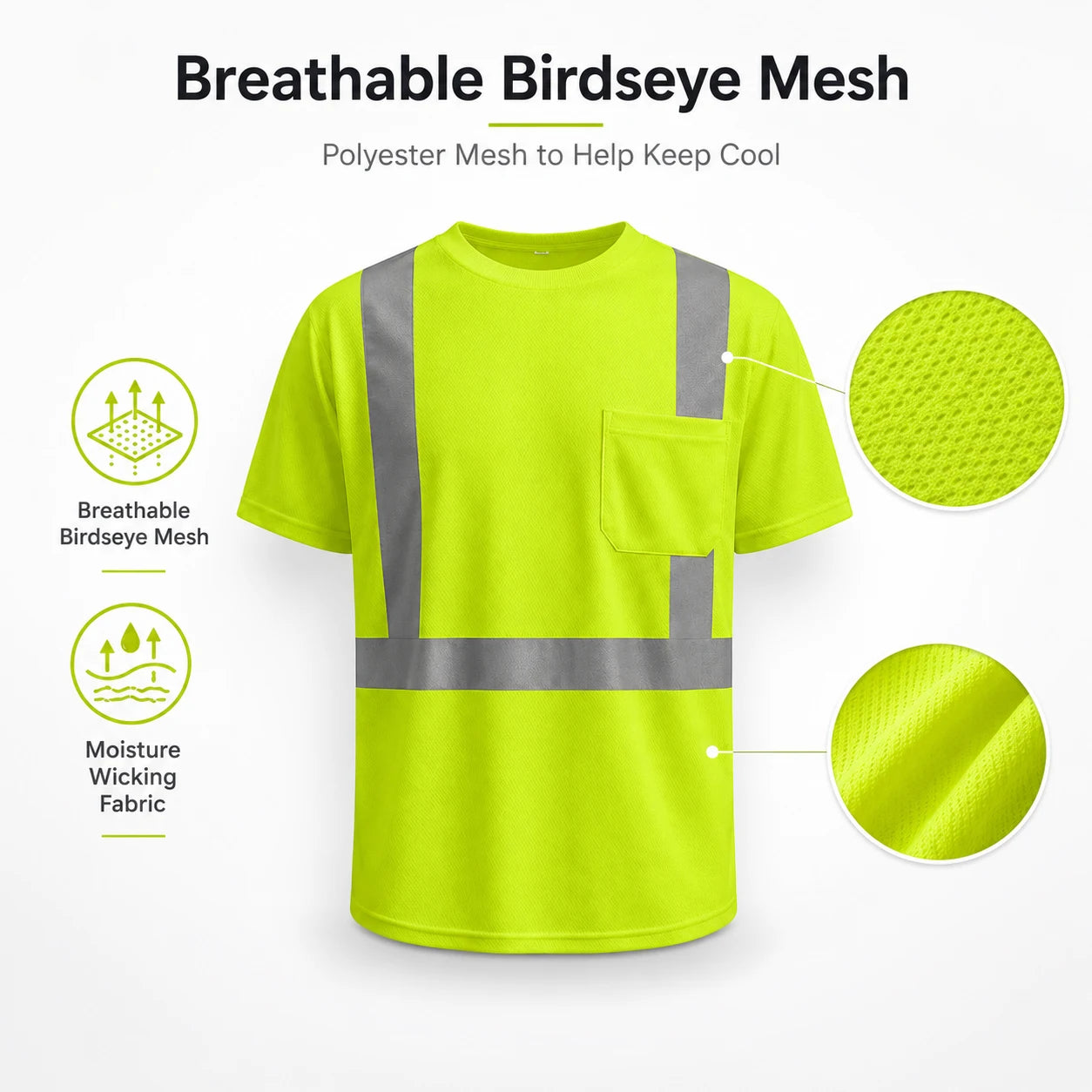 GSS 5001 High-visibility lime short-sleeve work shirt with reflective silver stripes, a chest pocket, and two circular fabric close-ups showing breathable mesh texture. Text at the top reads 'Breathable Birdseye Mesh' and side callouts mention breathable mesh and moisture-wicking fabric