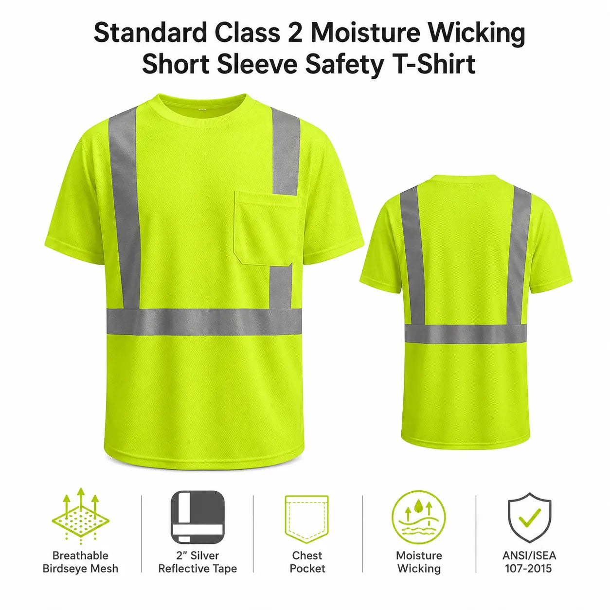 GSS 5001 High-visibility safety t-shirt in lime shown from both front and back views, with reflective silver tape details. The image includes text describing the product as a 'Standard Class 2 Moisture Wicking Short Sleeve Safety T-Shirt' and feature icons for breathable birdseye mesh, 2-inch reflective tape, chest pocket, moisture wicking, and ANSI/ISEA 107-2015 compliance