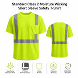 GSS 5001 High-visibility safety t-shirt in lime shown from both front and back views, with reflective silver tape details. The image includes text describing the product as a 'Standard Class 2 Moisture Wicking Short Sleeve Safety T-Shirt' and feature icons for breathable birdseye mesh, 2-inch reflective tape, chest pocket, moisture wicking, and ANSI/ISEA 107-2015 compliance