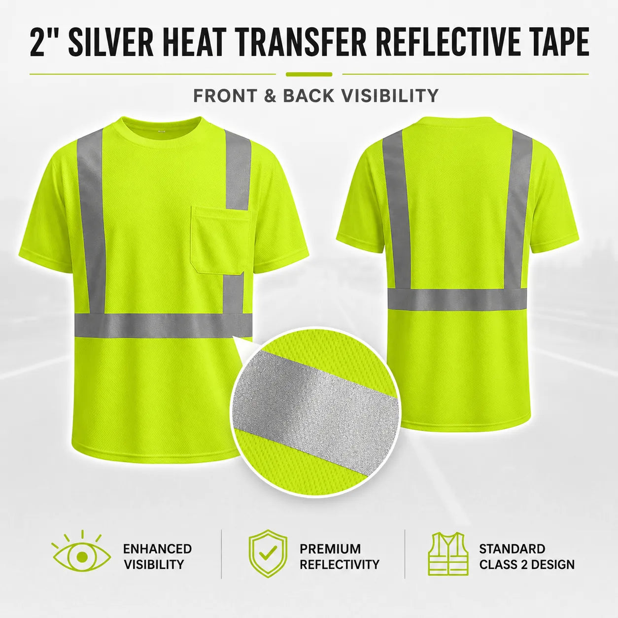 reflective safety tape shown on gss 5001 lime safety short-sleeve shirt, with front and back views and a circular close-up of the tape texture. Text at the top reads '2" SILVER HEAT TRANSFER REFLECTIVE TAPE' and feature icons at the bottom mention enhanced visibility, premium reflectivity, and standard class 2 design